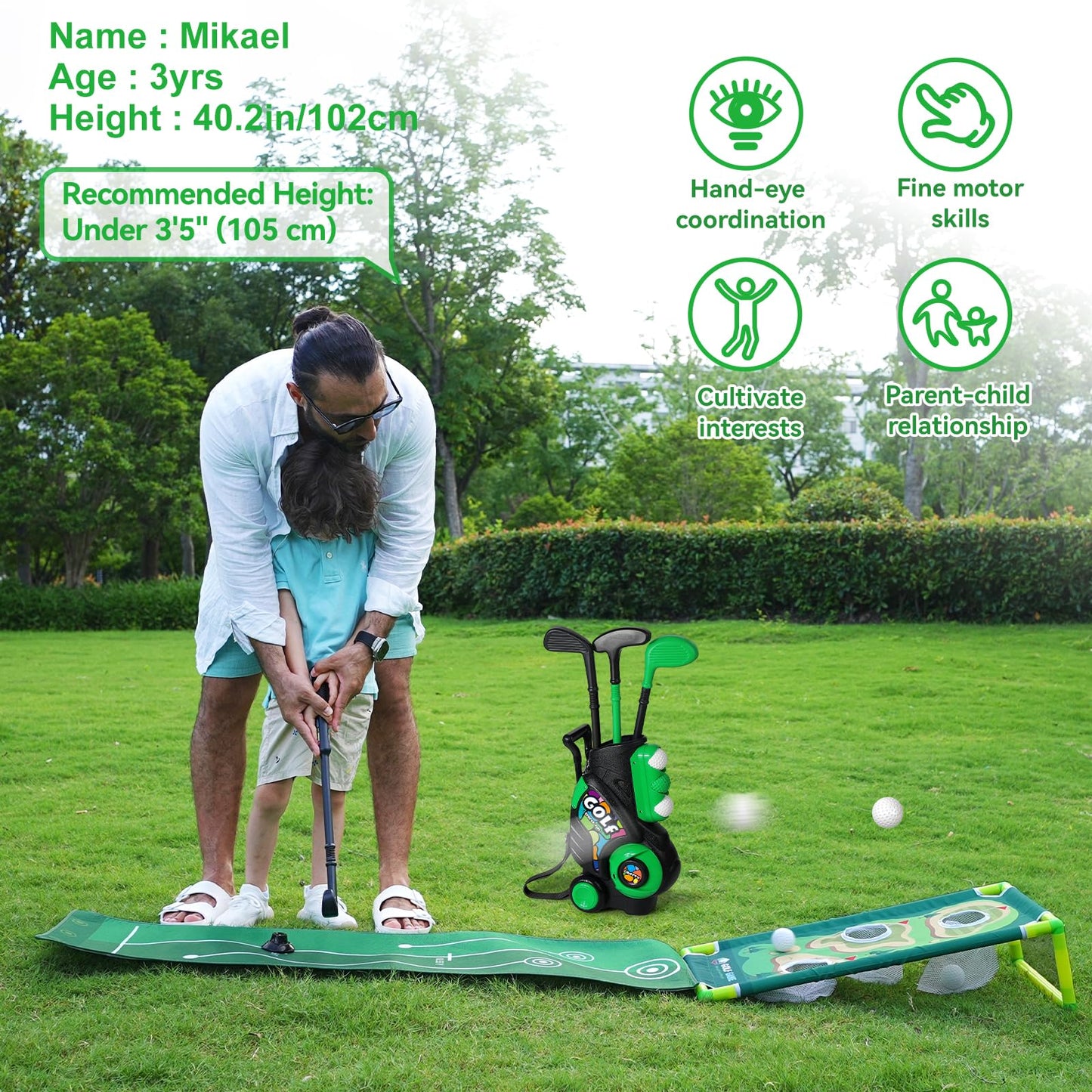 Liberry Toddler Golf Set (Black) for Ages 2-4 | Cart, Putting Mat & Cornhole Board