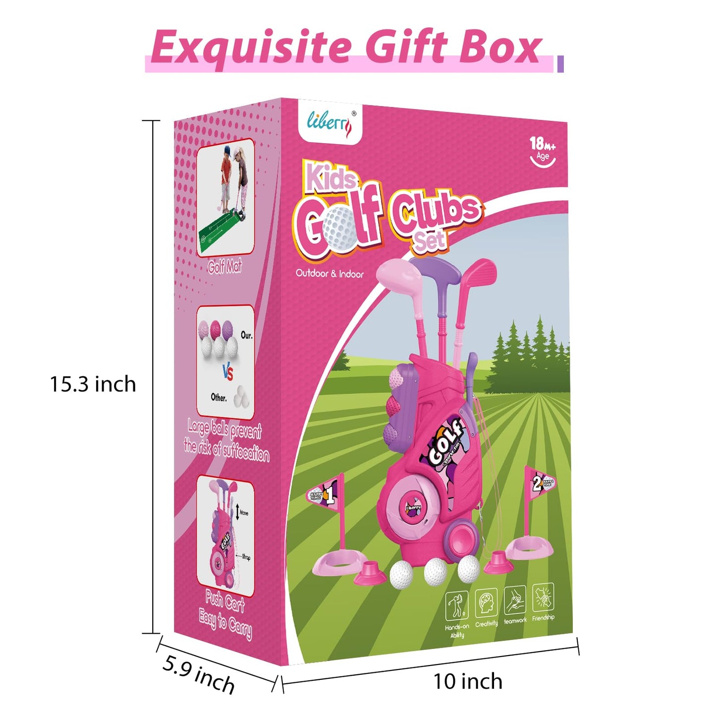 Liberry Toddler Golf Set with Putting Mat – 2-4 Years, Portable Pink Cart