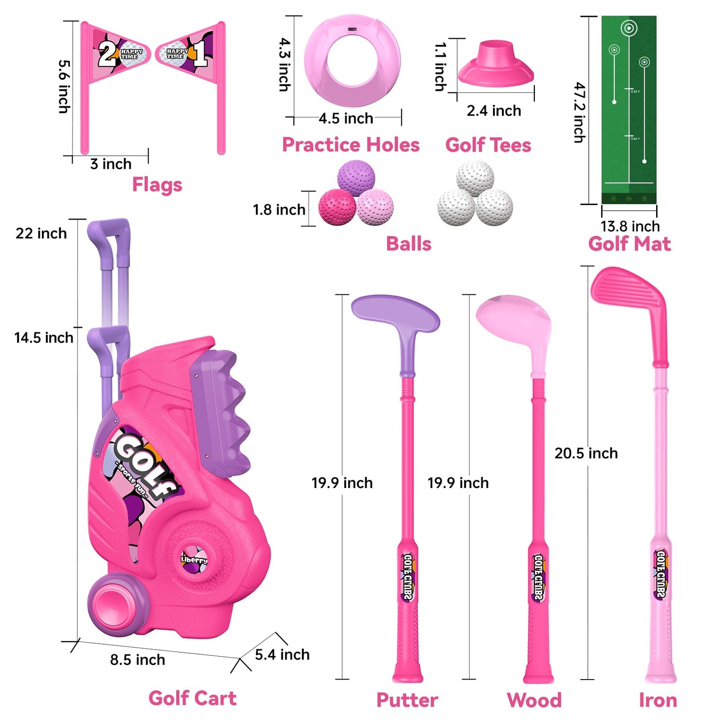 Liberry Toddler Golf Set with Putting Mat – 2-4 Years, Portable Pink Cart