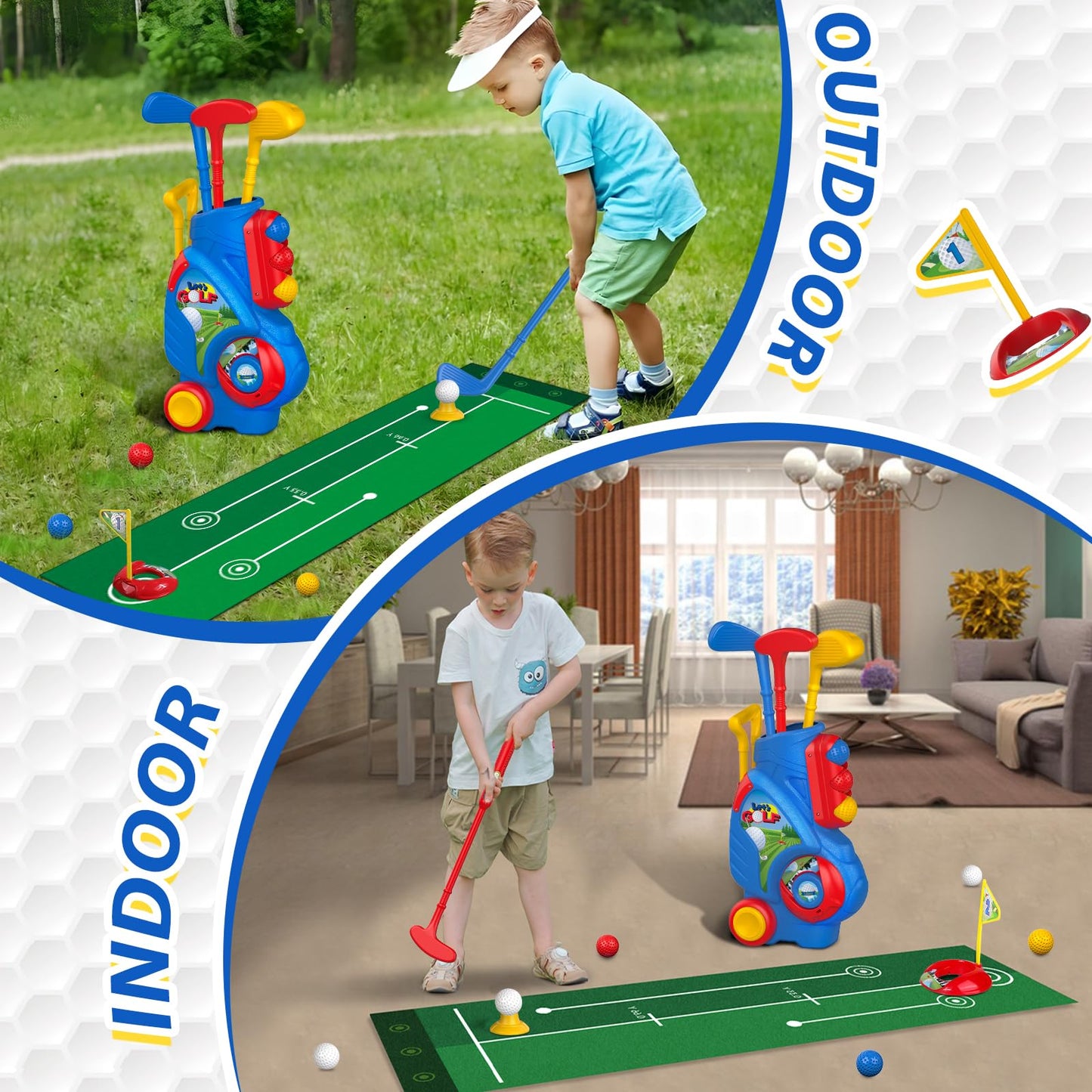 Liberry Toddler Golf Set for 2–4 Years Old – Cart, Putting Mat, Indoor/Outdoor Toy (Blue)