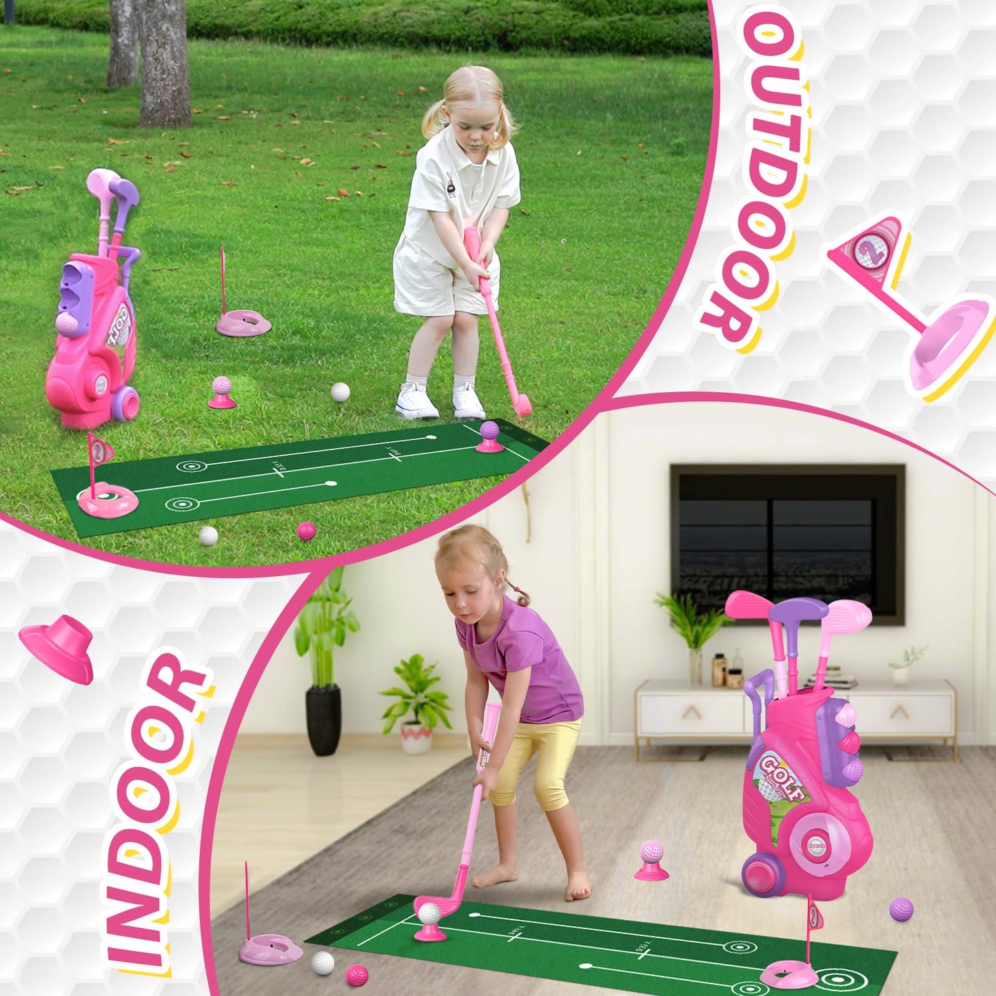 Liberry Toddler Golf Set for 2-4 Years | Indoor/Outdoor Mini Golf Cart, Mat & Clubs – Pink
