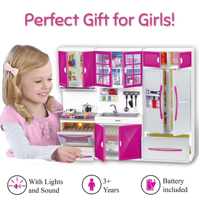 Liberty Imports Doll Kitchen Playset – 3-in-1 Pink Mini Kitchen with Realistic Lights & Sounds for Toddlers and 11-12 Inch Dolls