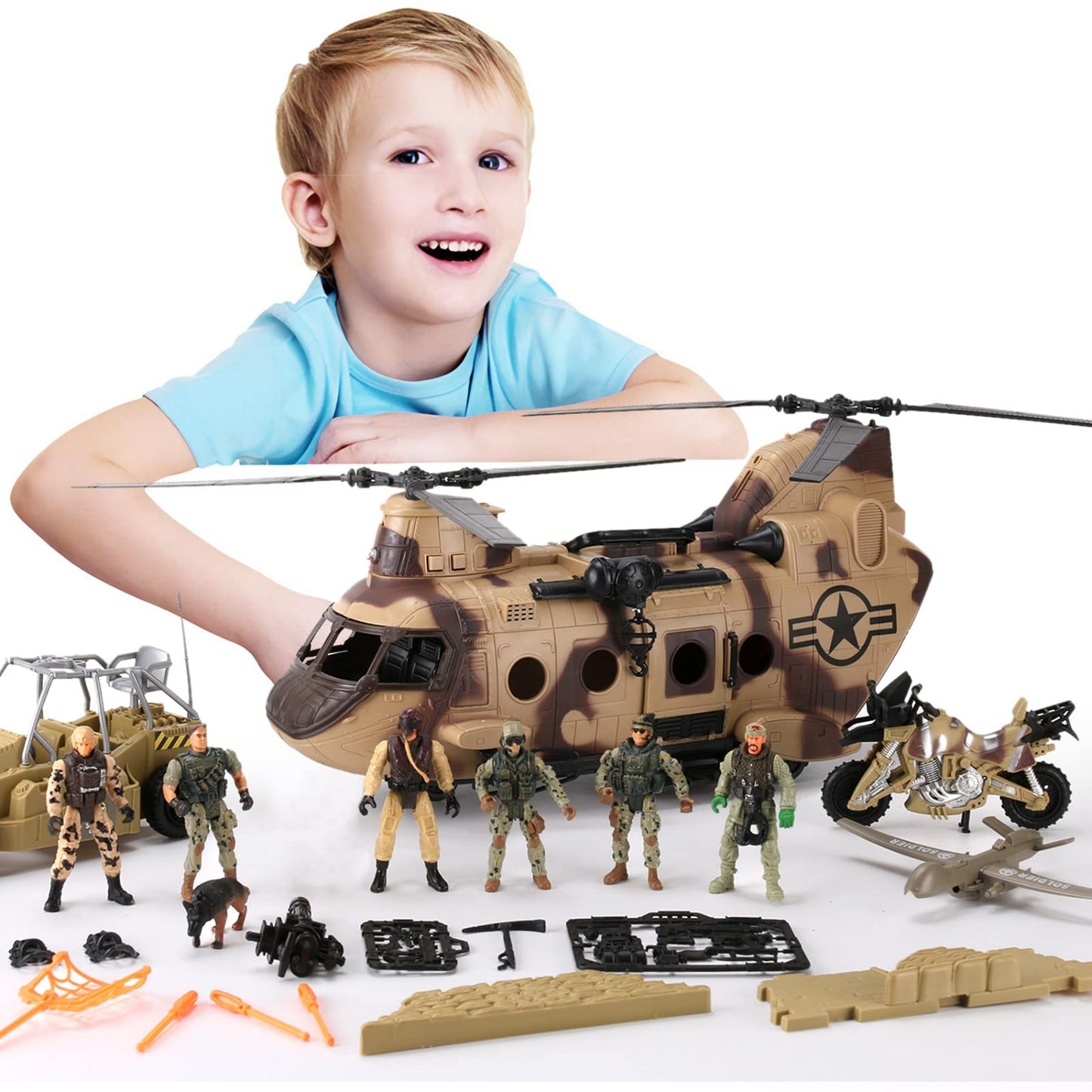 Liberty Imports 26-Piece Army Men Toy Set – Lights & Sound Helicopter Carrier