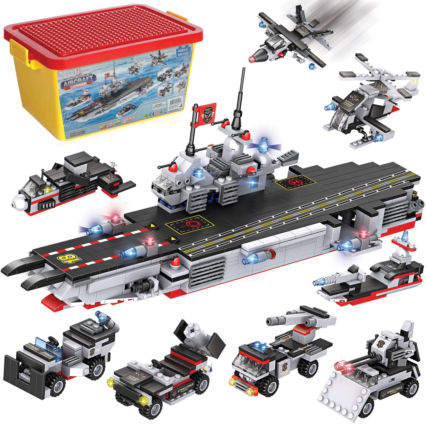 Liberty Imports 825pc Military Aircraft Carrier Fleet – 8-in-1 Naval Kit with Storage Case