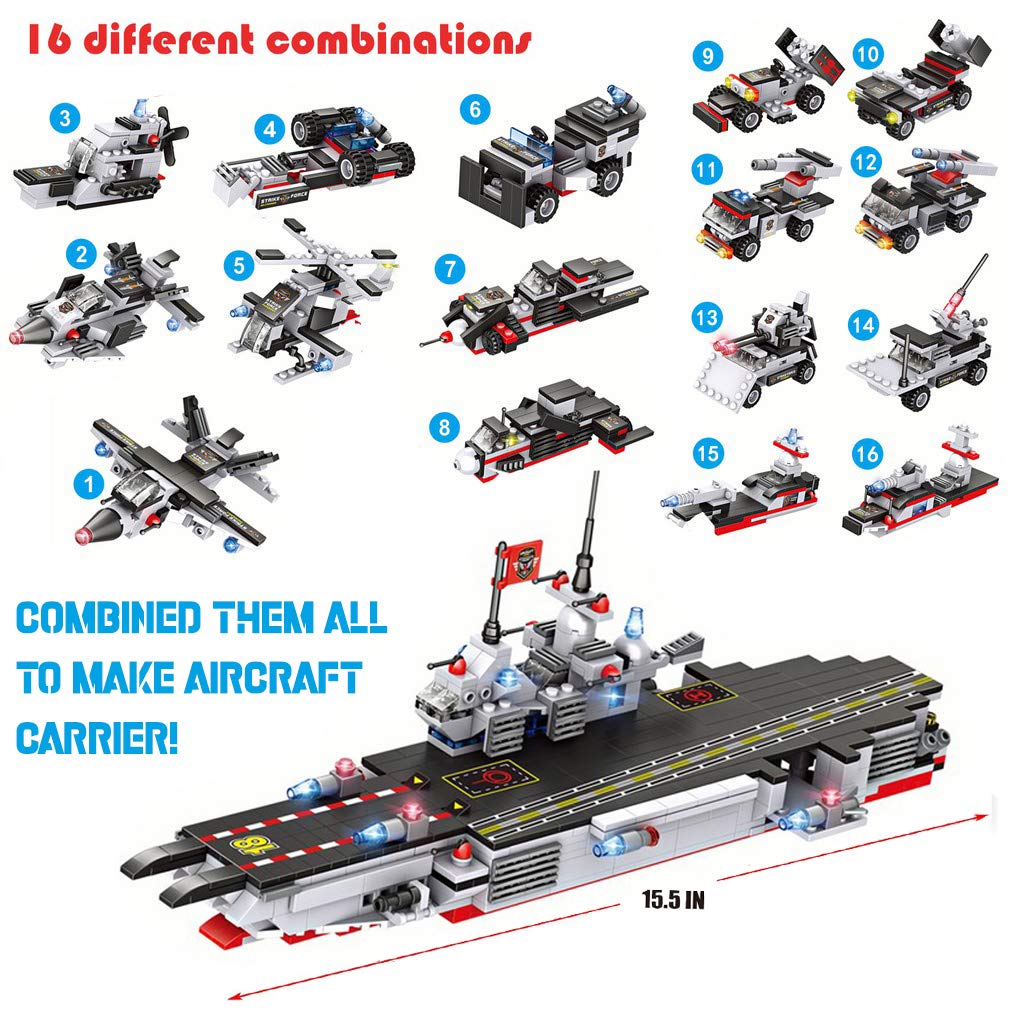 Liberty Imports 825pc Military Aircraft Carrier Fleet – 8-in-1 Naval Kit with Storage Case