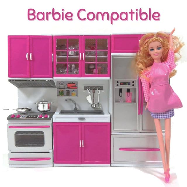Liberty Imports Doll Kitchen Playset – 3-in-1 Pink Mini Kitchen with Realistic Lights & Sounds for Toddlers and 11-12 Inch Dolls