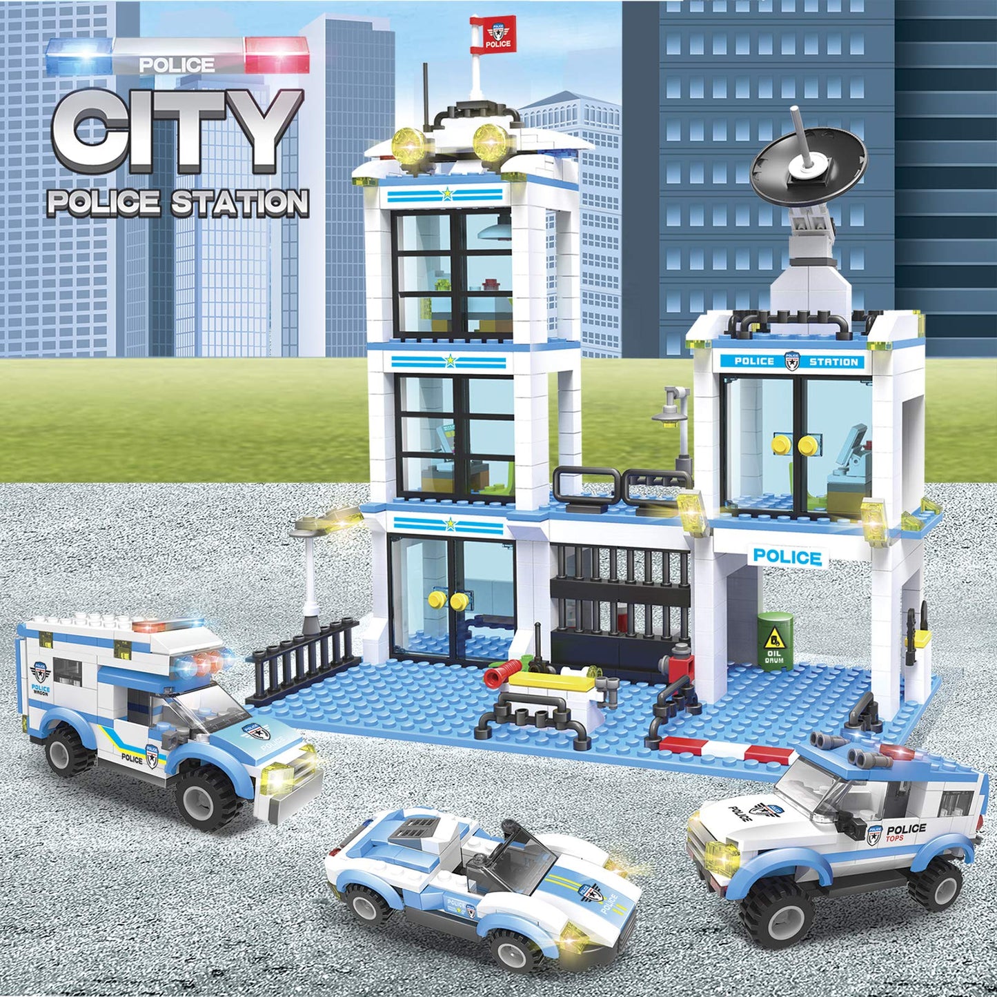 Liberty Imports 736-Piece City Police Station Building Blocks Set | 3 Police Cars & Prison Van