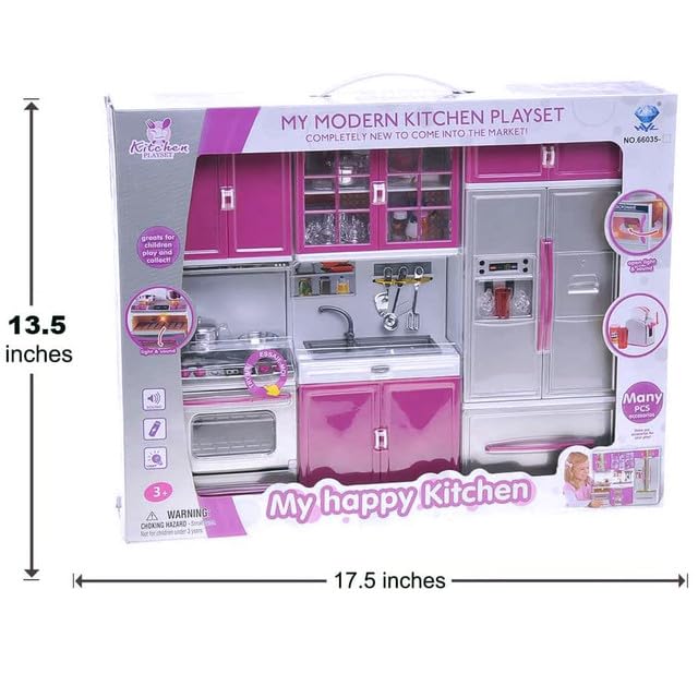 Liberty Imports Doll Kitchen Playset – 3-in-1 Pink Mini Kitchen with Realistic Lights & Sounds for Toddlers and 11-12 Inch Dolls