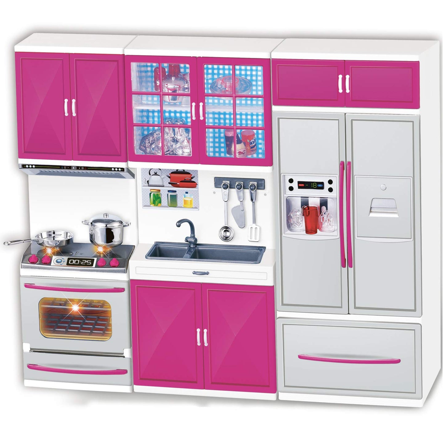 Liberty Imports Doll Kitchen Playset – 3-in-1 Pink Mini Kitchen with Realistic Lights & Sounds for Toddlers and 11-12 Inch Dolls