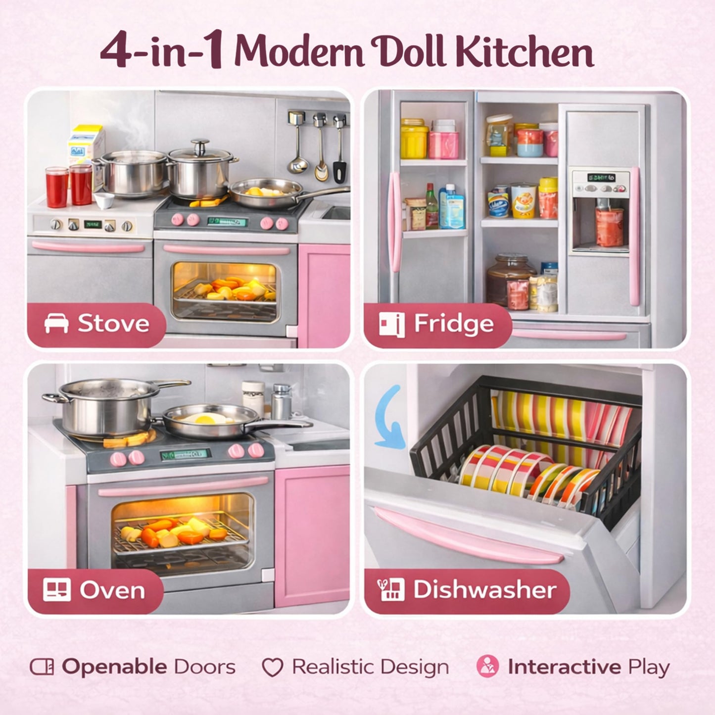 Liberty Imports Doll Kitchen Playset – Pink Mini 4-in-1 Kitchen for 11-12 inch Dolls