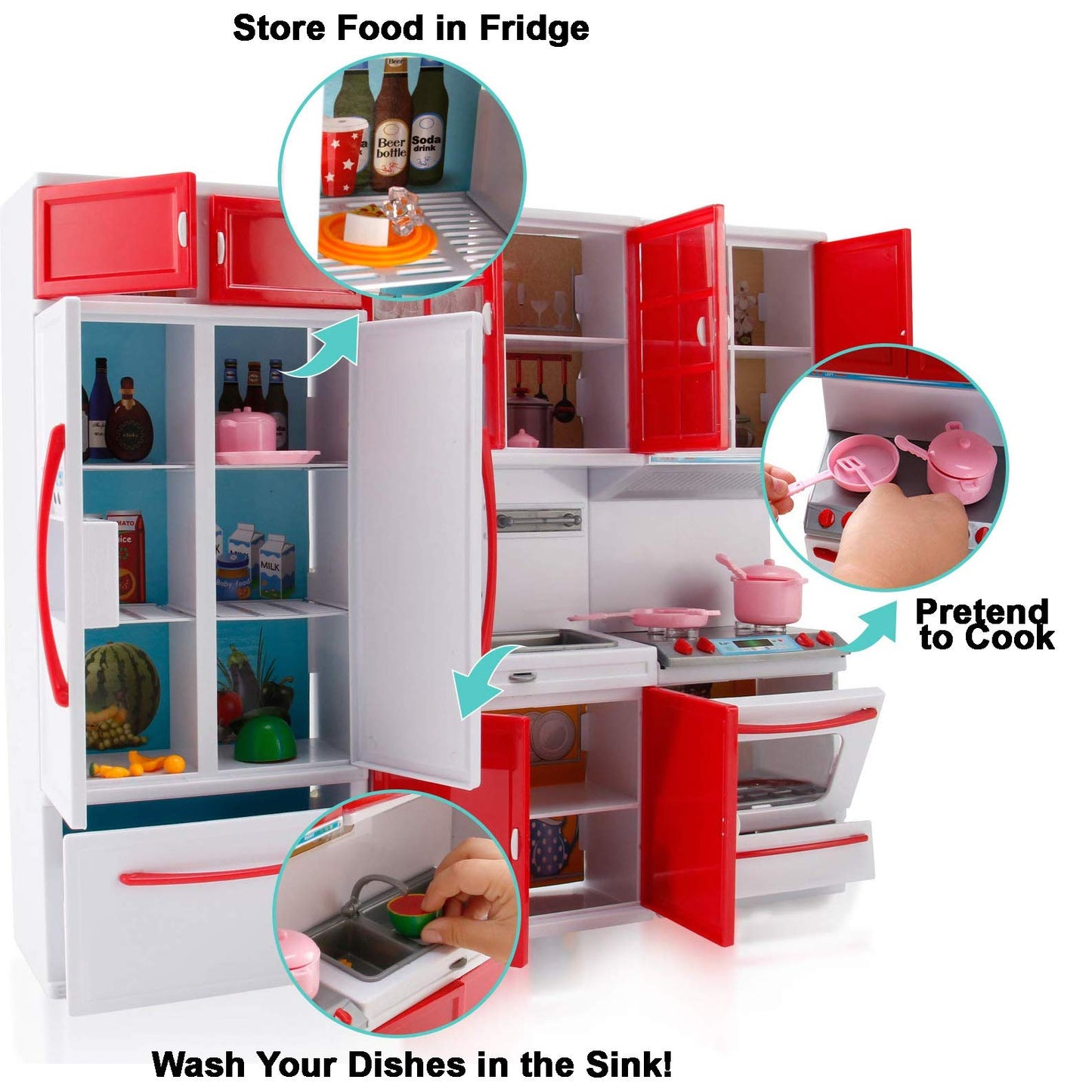 Liberty Imports Gourmet Red Doll Kitchen Playset with Lights & Sounds for 12-Inch Dolls