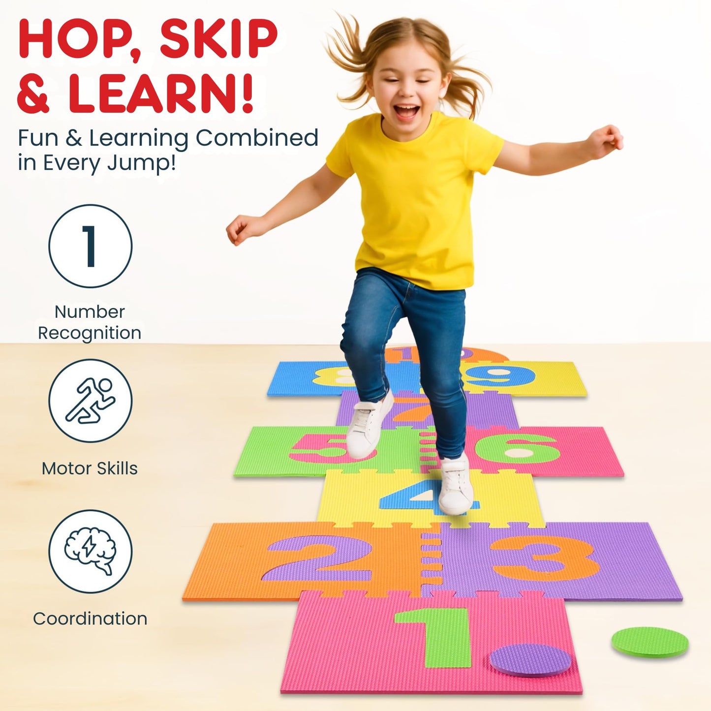 Liberty Imports Hopscotch Foam Playmat – 10 Large Number Tiles, 12x12 Interlocking Puzzle Floor Mat
