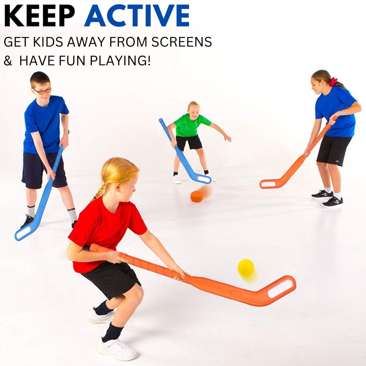 Liberty Imports Kids Floor Hockey Sticks Bulk Set – 29-Inch Starter Kit with Large Pucks & Balls (6 Pack)
