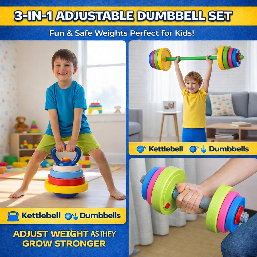 Liberty Imports Kids Exercise Weight Set — 3-in-1 Adjustable Toy Gym (Dumbbell, Barbell, Kettlebell)