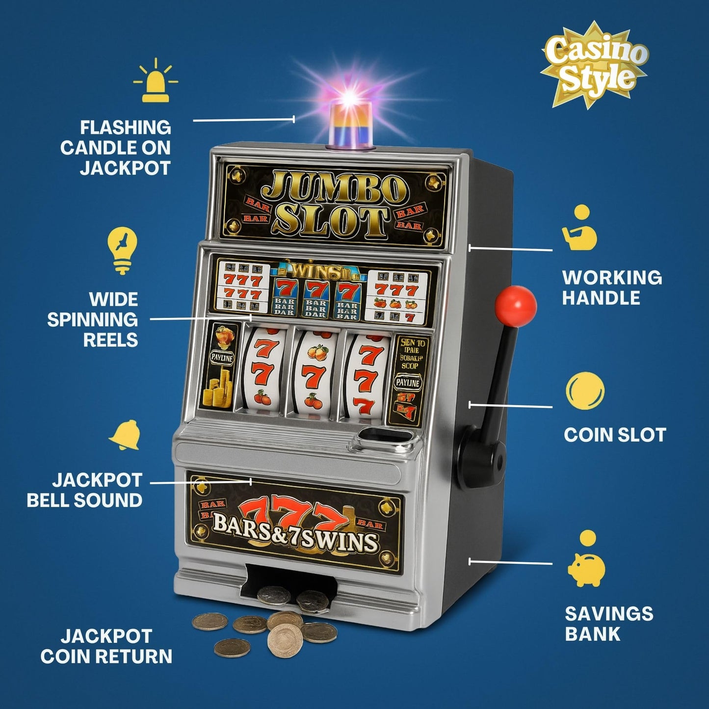 Liberty Imports Lucky Sevens Jumbo Slot Machine Toy Piggy Bank – Flashing Lights & Jackpot Sounds