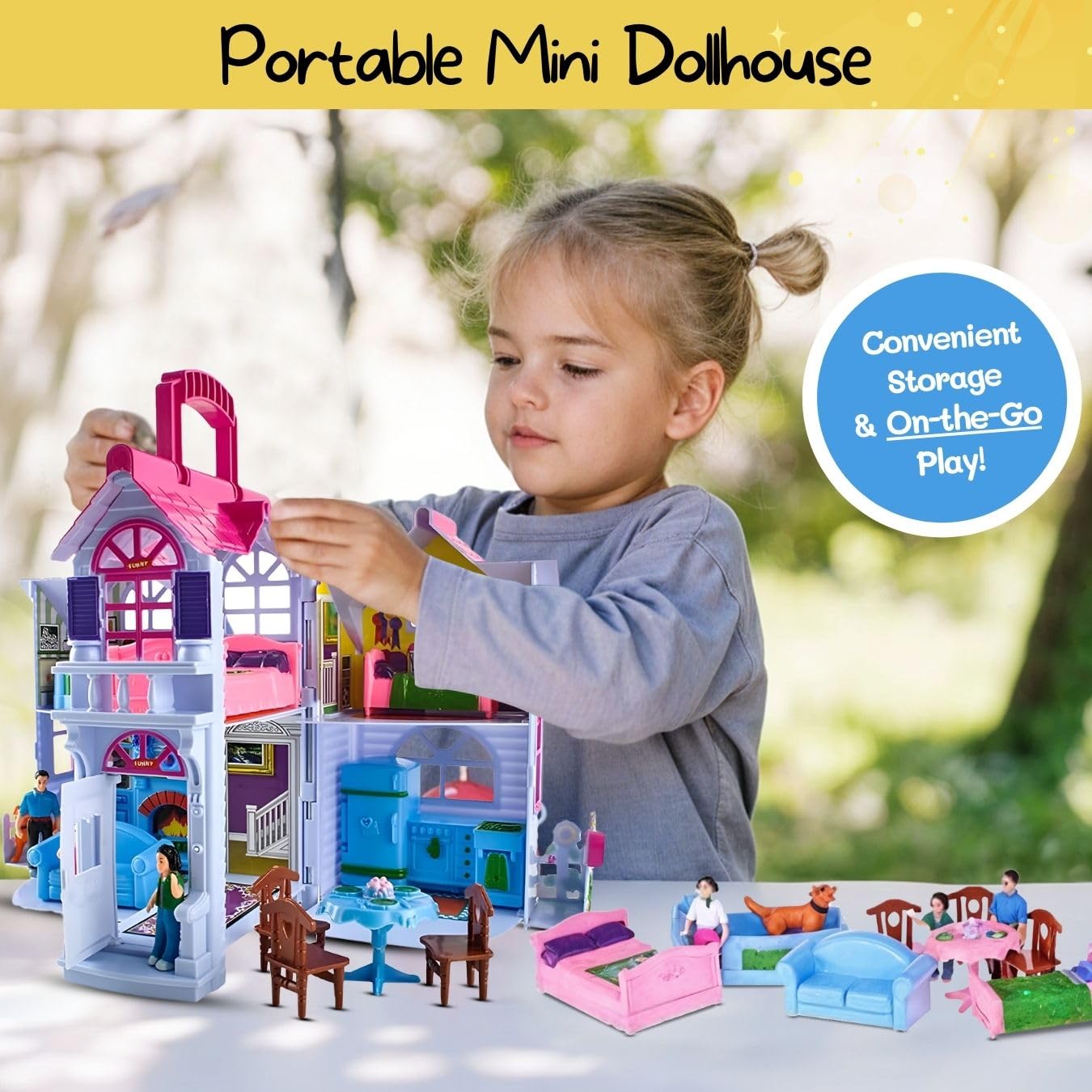 Liberty Imports My Pretty Dollhouse Fold and Go – Portable Mini Dollhouse with Family Figures and Realistic Furniture