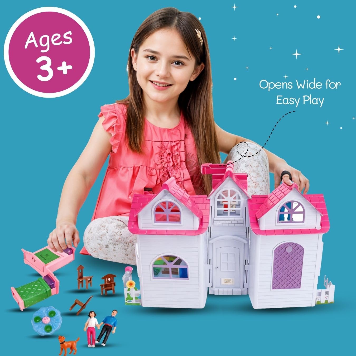 Liberty Imports My Pretty Dollhouse Fold and Go – Portable Mini Dollhouse with Family Figures and Realistic Furniture