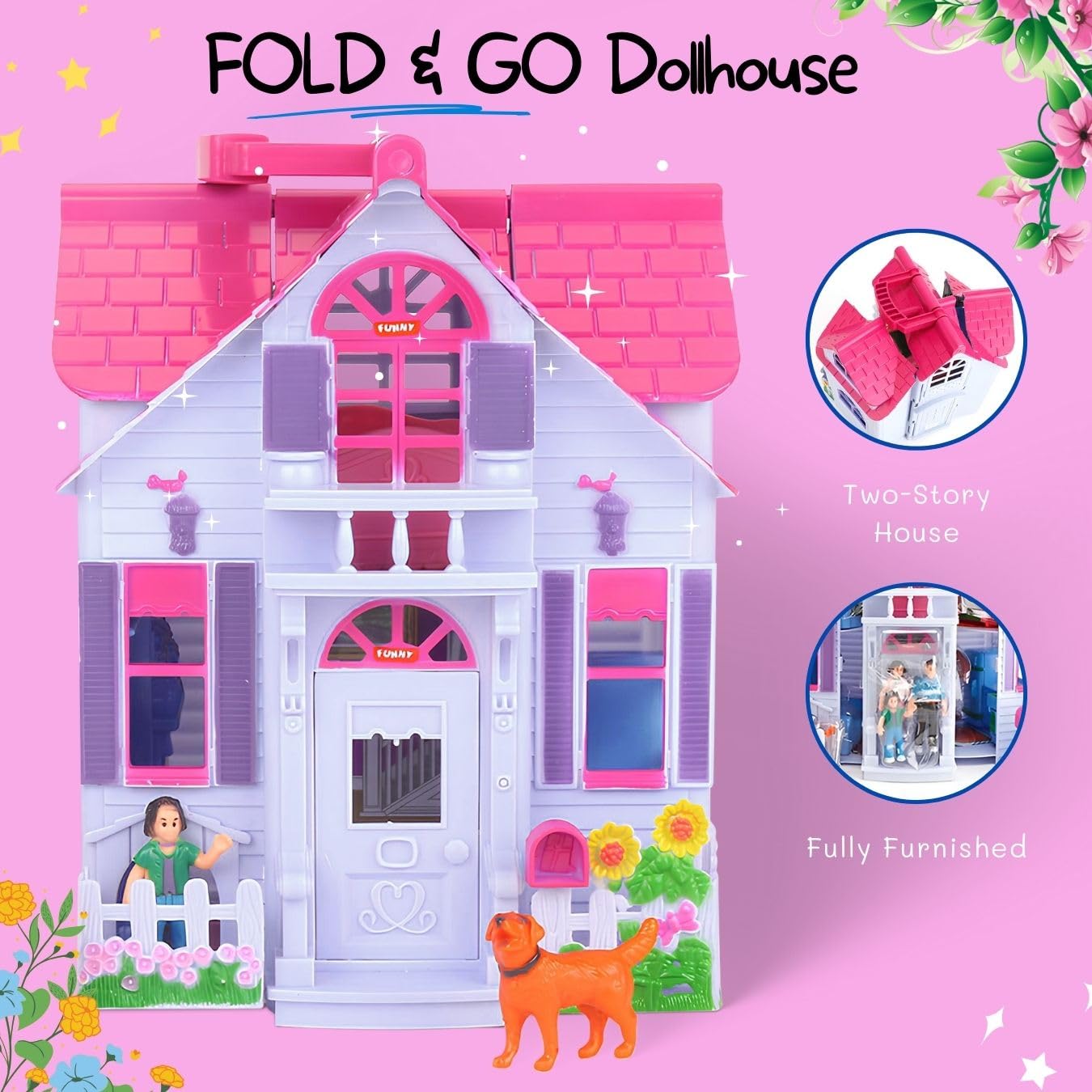 Liberty Imports My Pretty Dollhouse Fold and Go – Portable Mini Dollhouse with Family Figures and Realistic Furniture