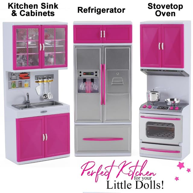 Liberty Imports Doll Kitchen Playset – 3-in-1 Pink Mini Kitchen with Realistic Lights & Sounds for Toddlers and 11-12 Inch Dolls