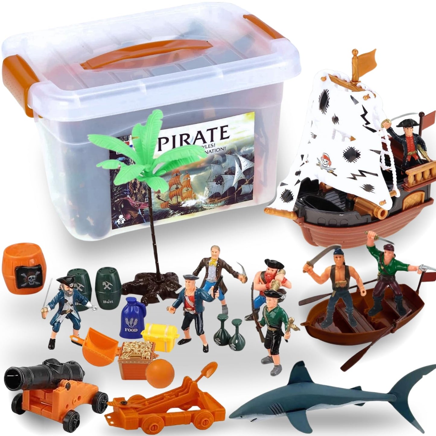Liberty Imports Bucket of Pirate Action Figures Playset – Pirate Ship, Boat, Treasure Chest, Cannons, Shark