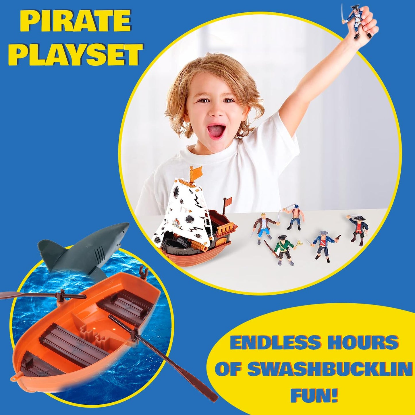 Liberty Imports Bucket of Pirate Action Figures Playset – Pirate Ship, Boat, Treasure Chest, Cannons, Shark