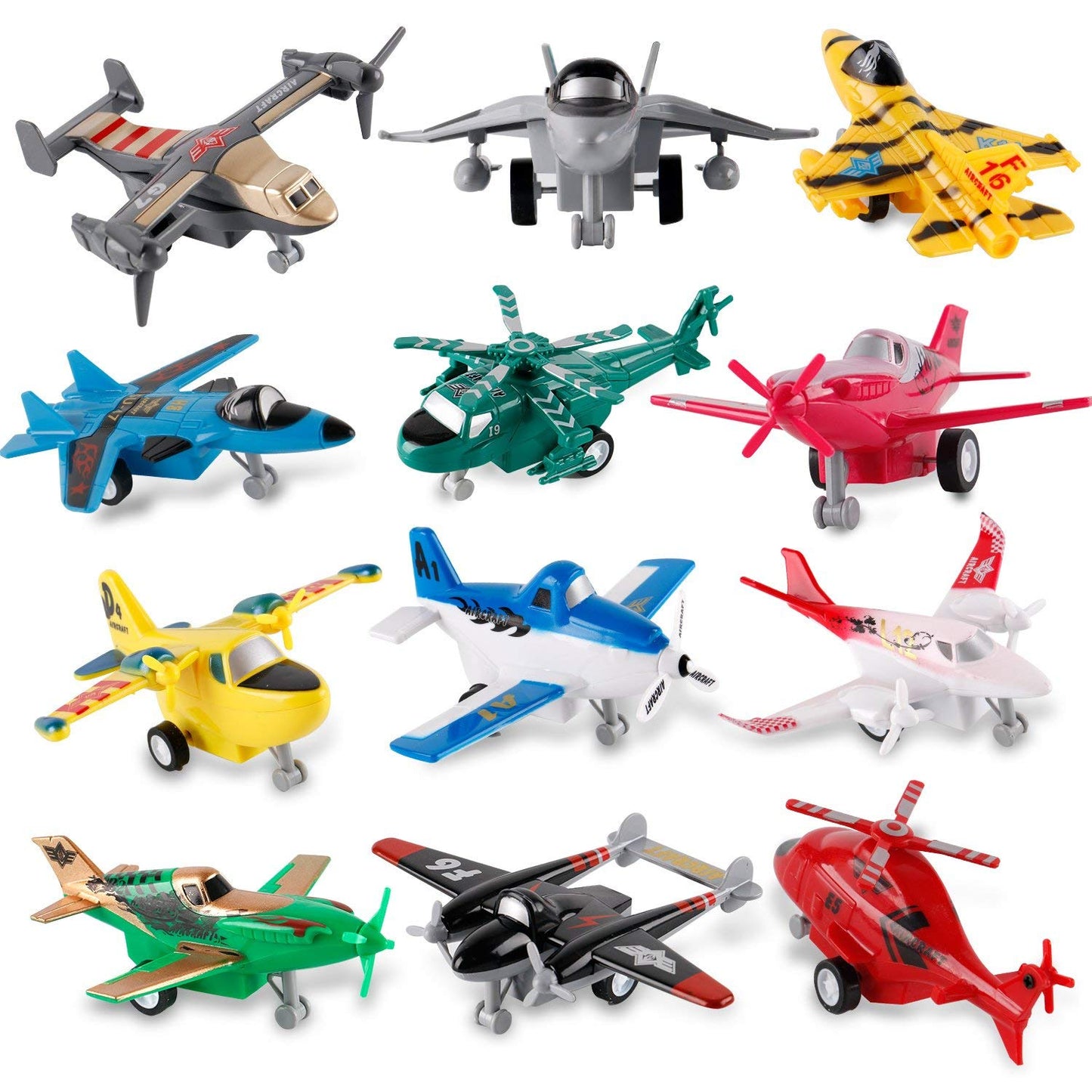 Liberty Imports Pull Back Airplanes Toys – 12 Pack Colorful Jets & Helicopters