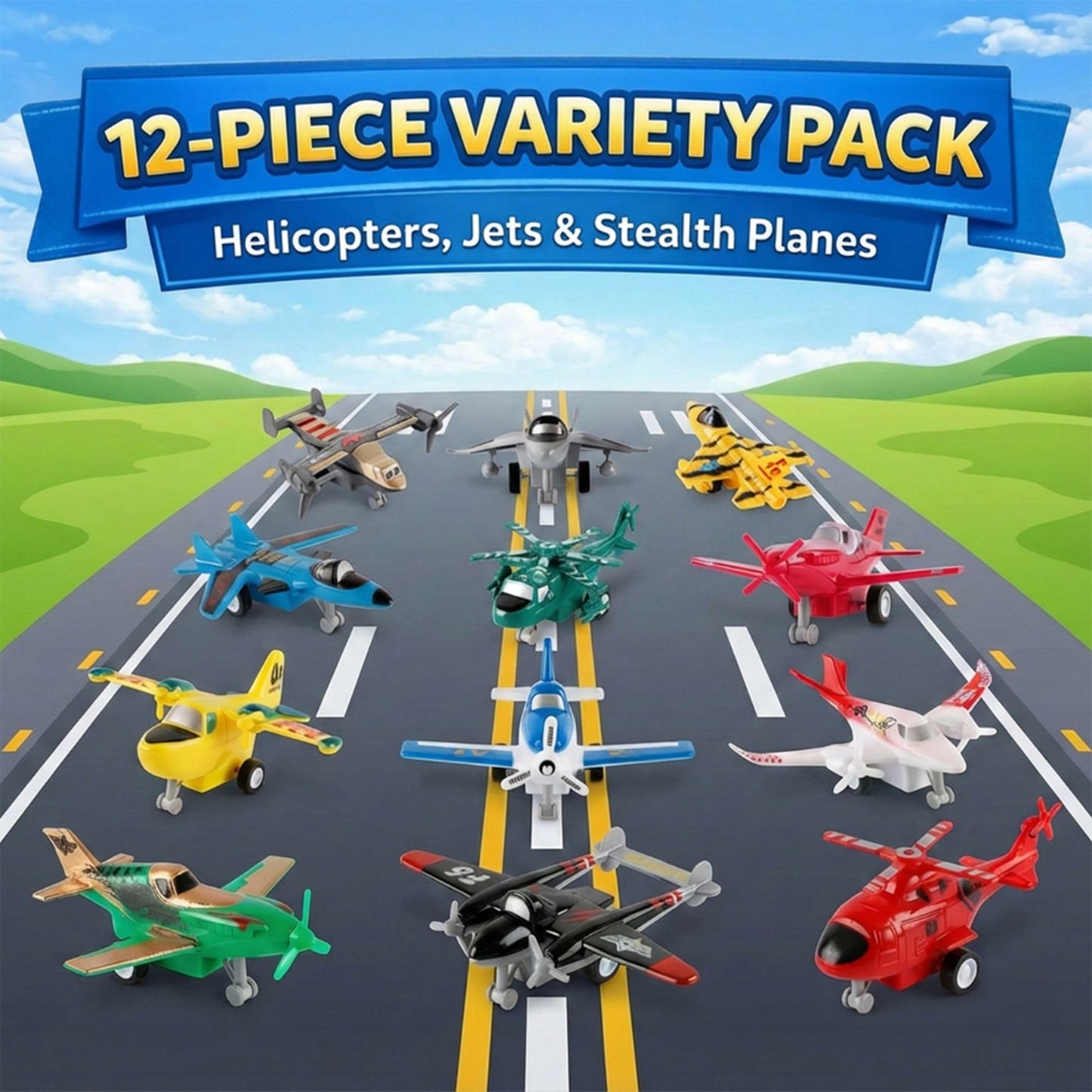 Liberty Imports Pull Back Airplanes Toys – 12 Pack Colorful Jets & Helicopters