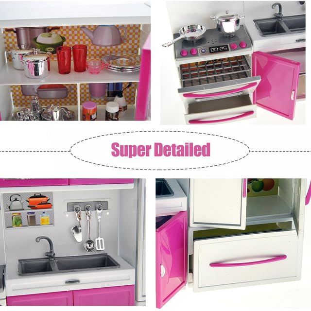 Liberty Imports Doll Kitchen Playset – 3-in-1 Pink Mini Kitchen with Realistic Lights & Sounds for Toddlers and 11-12 Inch Dolls