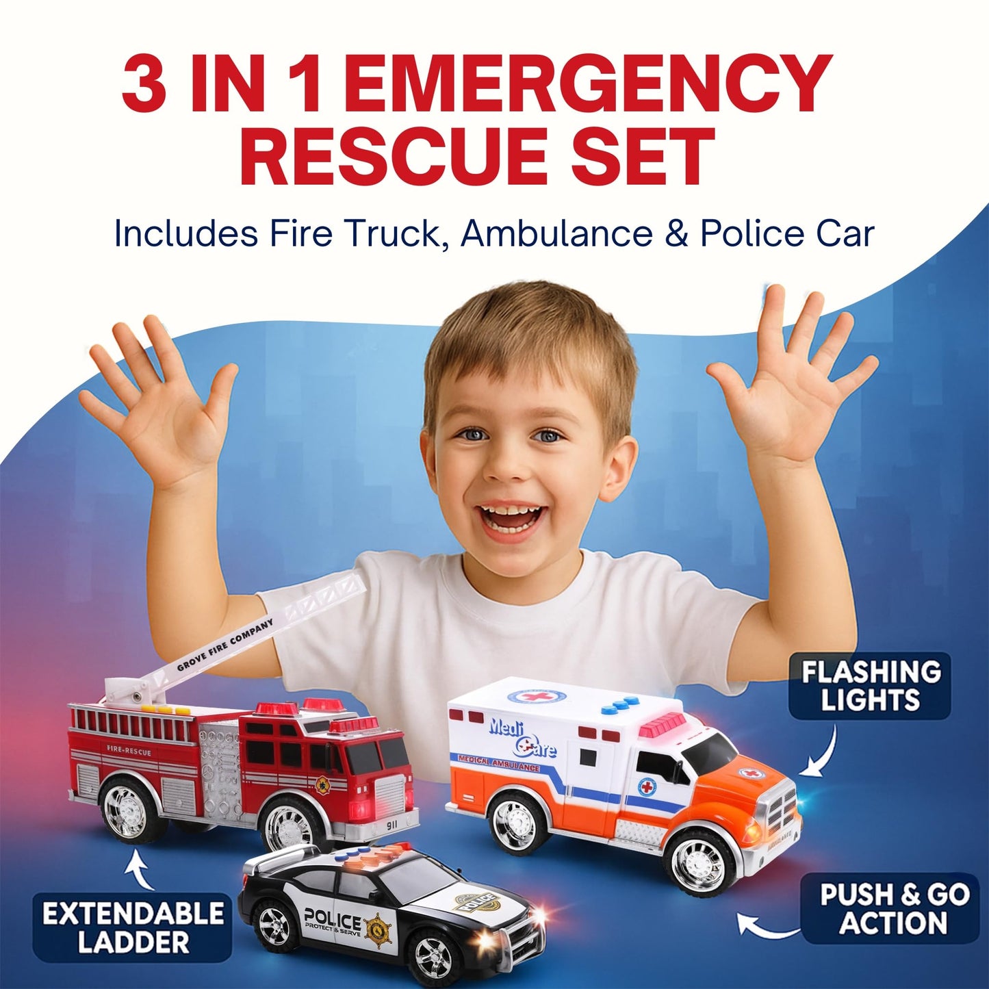 Liberty Imports 3-in-1 True Hero Emergency Rescue Vehicles – Ambulance, Fire Truck & Police Car