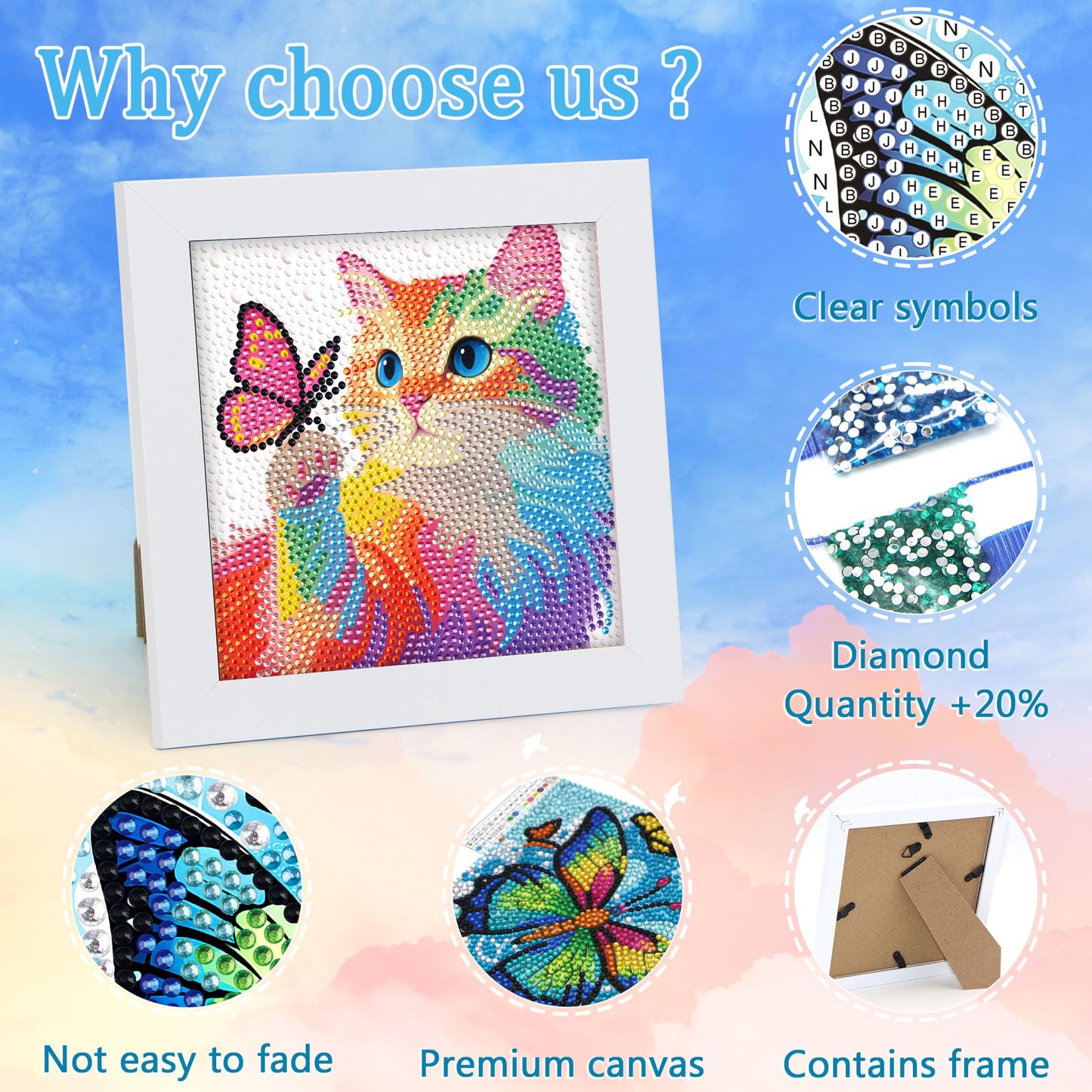 Libfx Diamond Art Kits for Kids with Frame — Framed Diamond Art for Girls & Boys (Ages 8-12) – Colorful Butterfly Cat