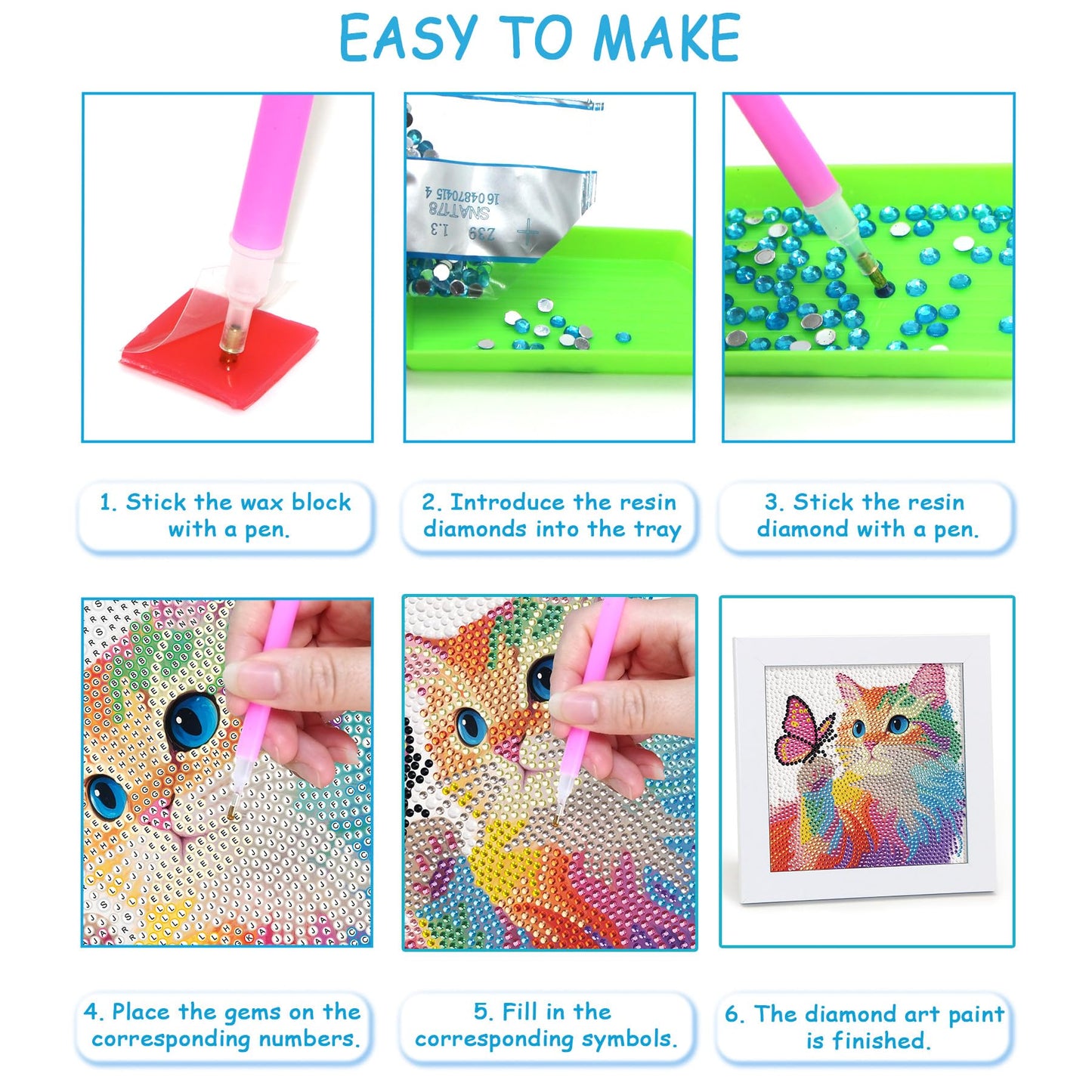 Libfx Diamond Art Kits for Kids with Frame — Framed Diamond Art for Girls & Boys (Ages 8-12) – Colorful Butterfly Cat