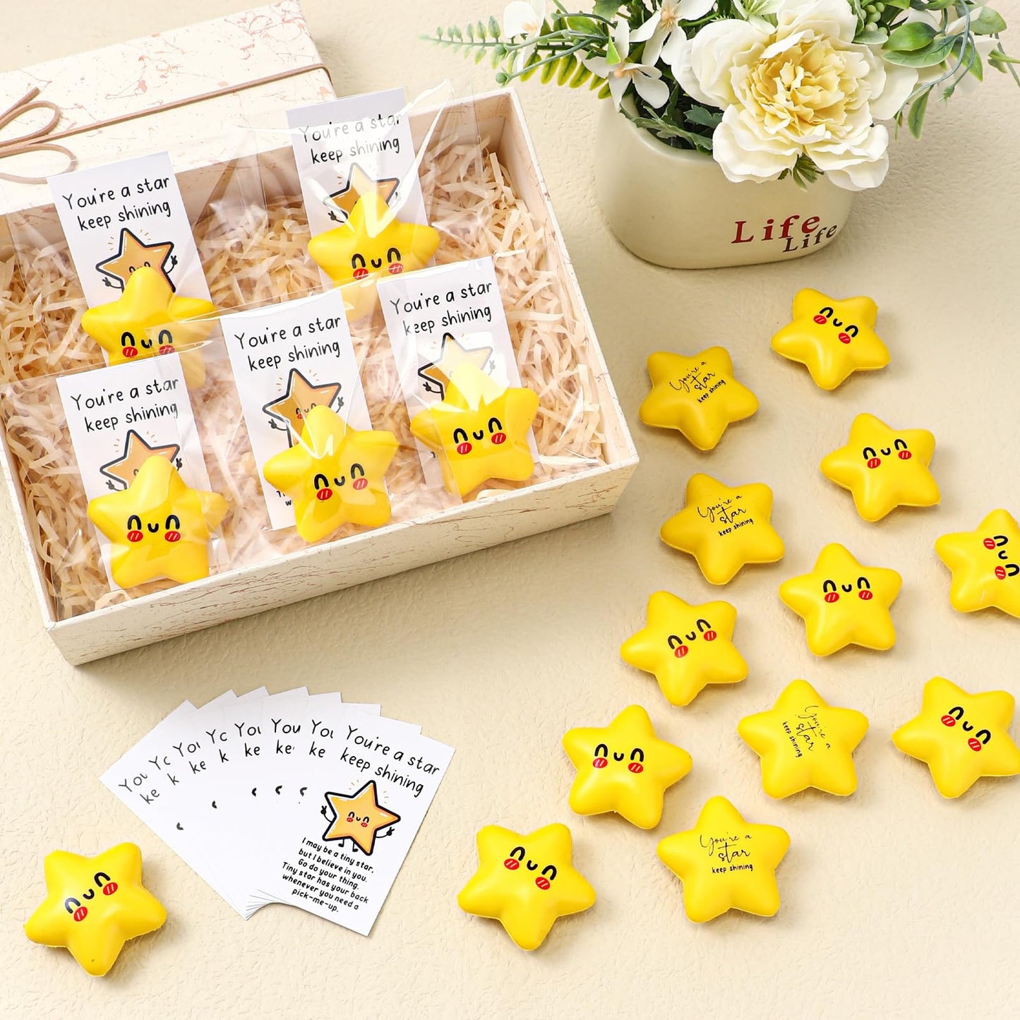 Libima 50 Pcs Motivational Star Stress Balls with Cards – Bulk Gifts for Adults & Coworkers