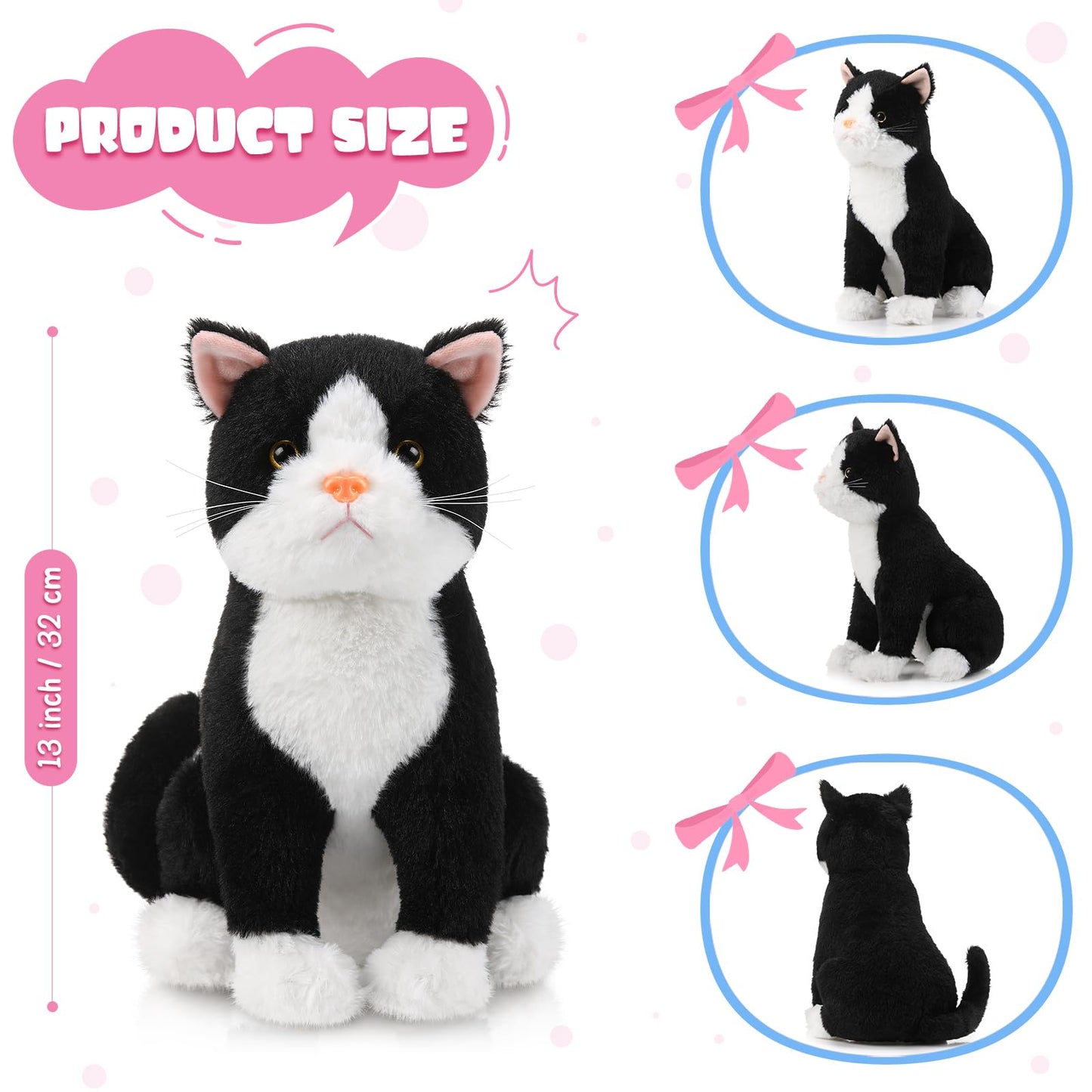 Libima 13-Inch Tuxedo Cat Plush – Realistic Black & White Cat for Gifts & Decor