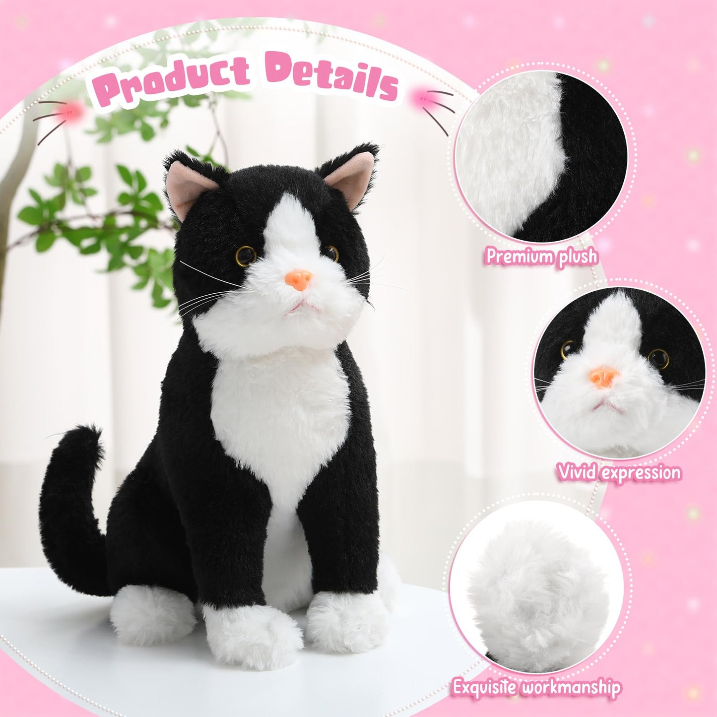 Libima 13-Inch Tuxedo Cat Plush – Realistic Black & White Cat for Gifts & Decor