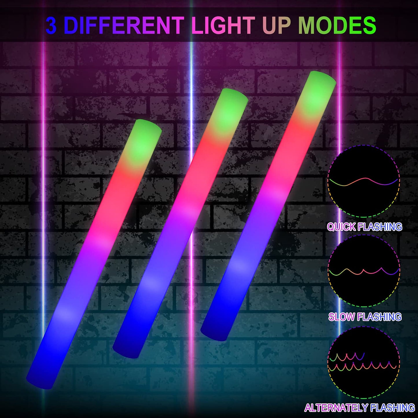 LifBetter 58Pcs Foam Glow Sticks – LED Glow with 3 Modes for Parties and Events