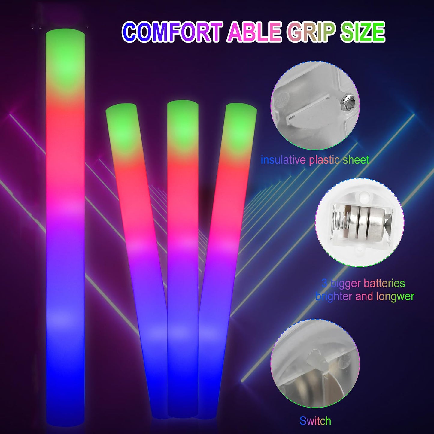 LifBetter 58Pcs Foam Glow Sticks – LED Glow with 3 Modes for Parties and Events