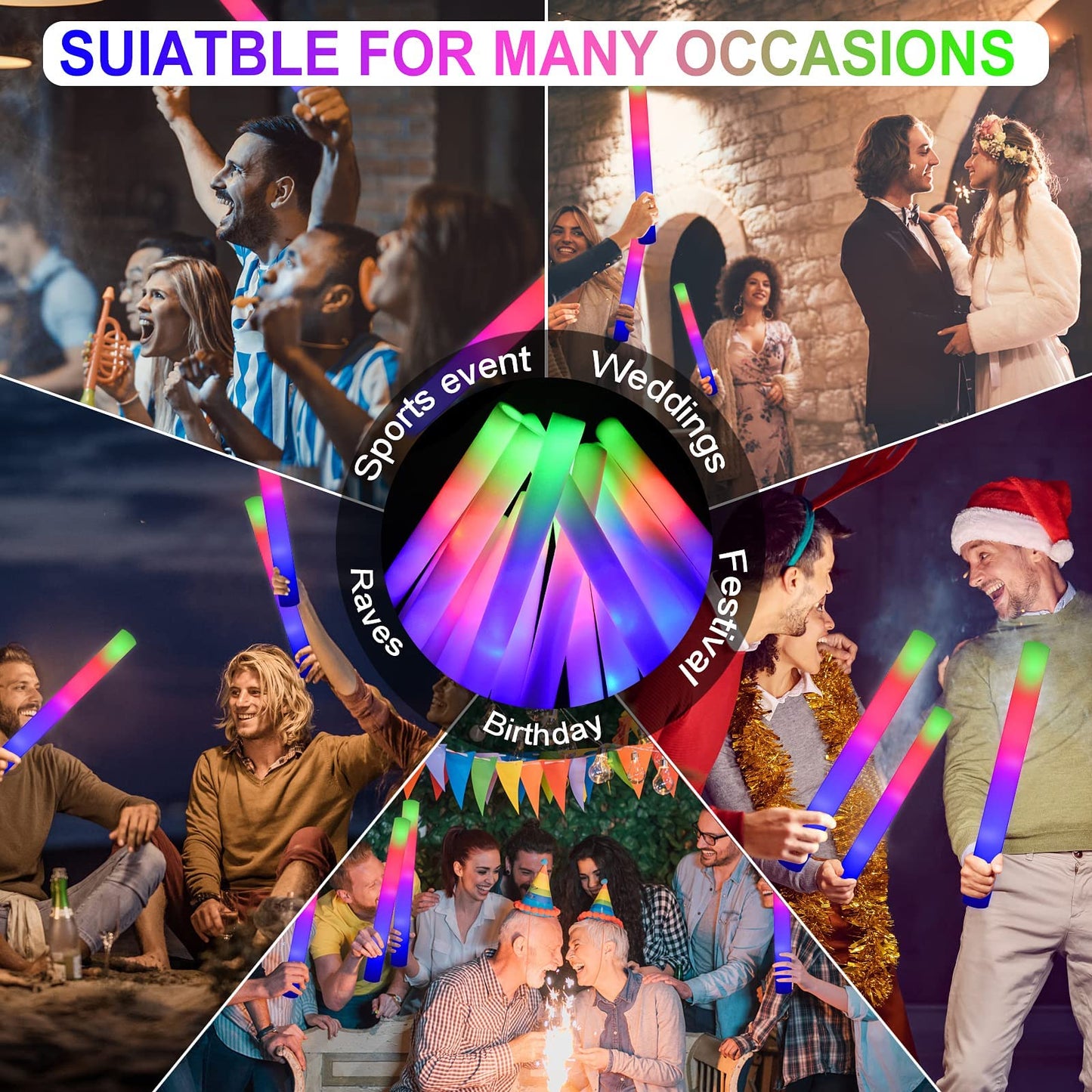 LifBetter 58Pcs Foam Glow Sticks – LED Glow with 3 Modes for Parties and Events
