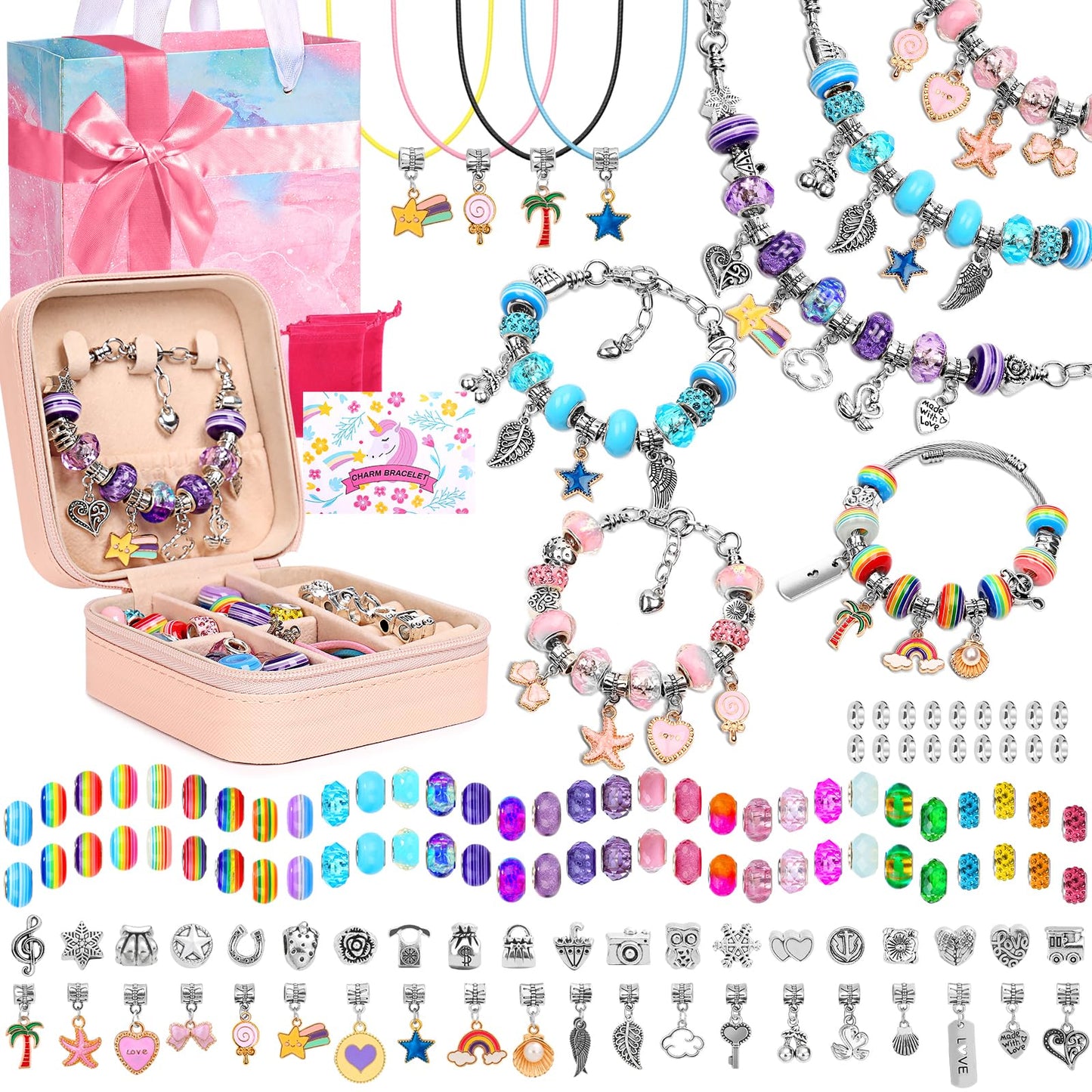 LifeisLuck Charm Bracelet Making Kit – 140 PCS DIY Beads, Portable Organizer & Gift Box