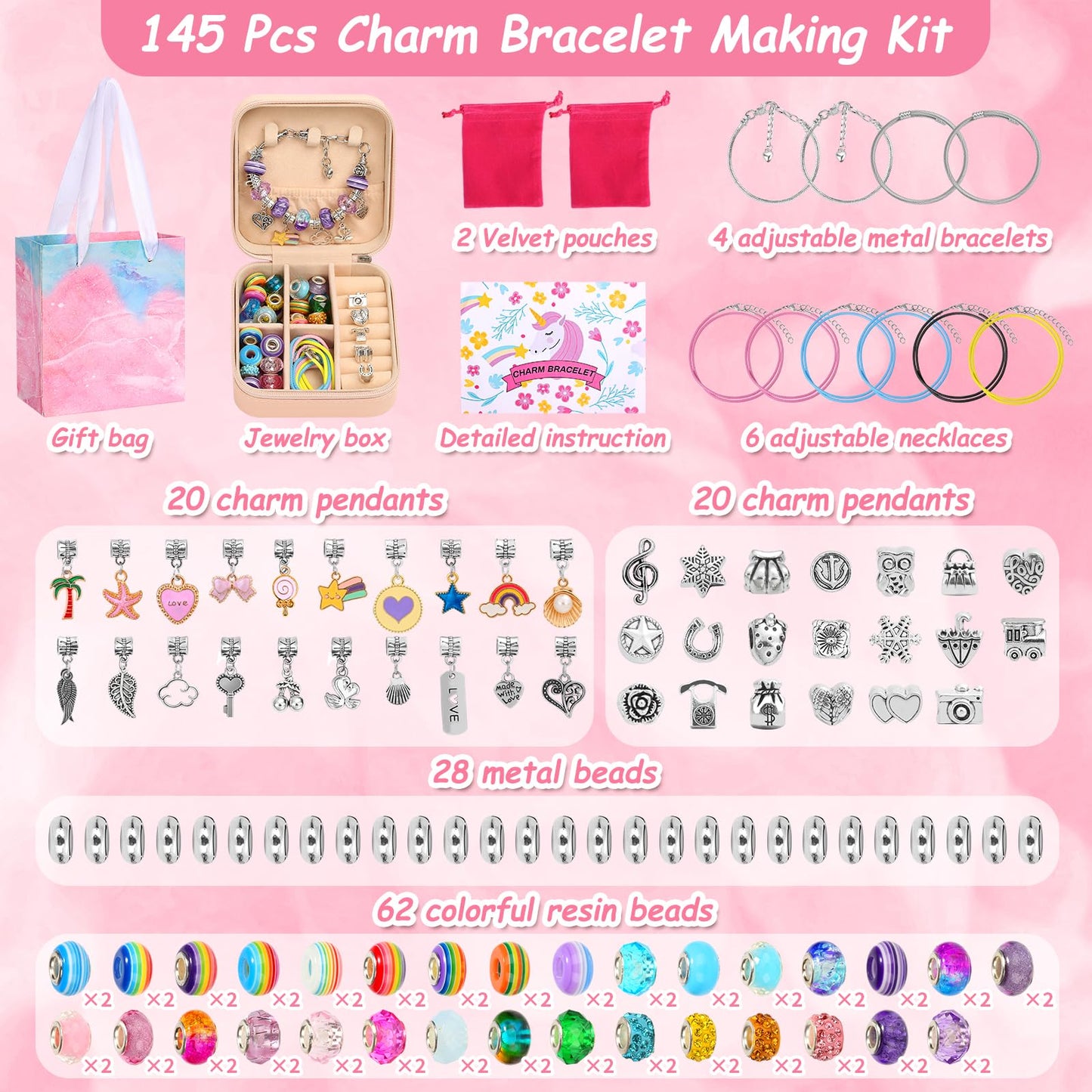LifeisLuck Charm Bracelet Making Kit – 140 PCS DIY Beads, Portable Organizer & Gift Box