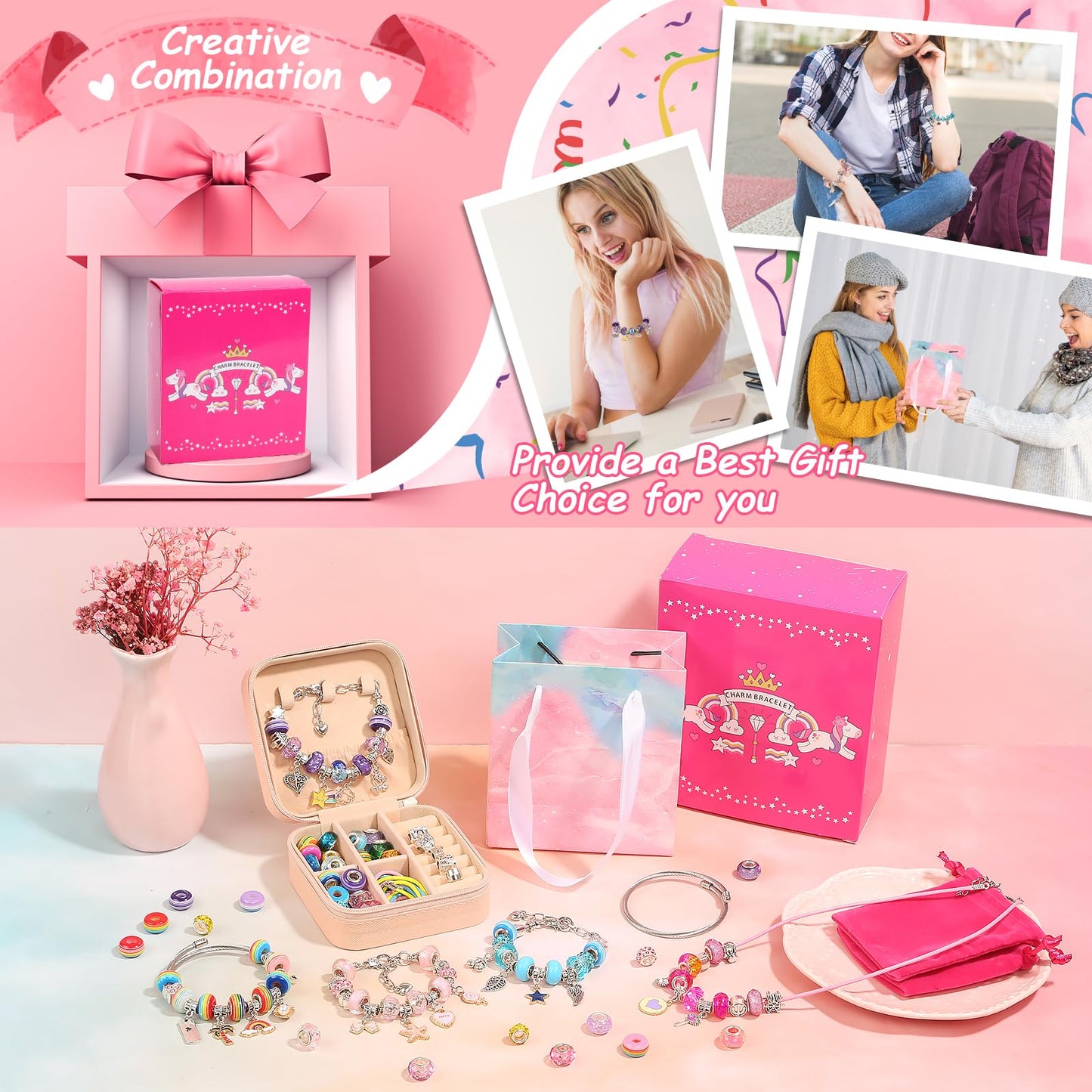 LifeisLuck Charm Bracelet Making Kit – 140 PCS DIY Beads, Portable Organizer & Gift Box
