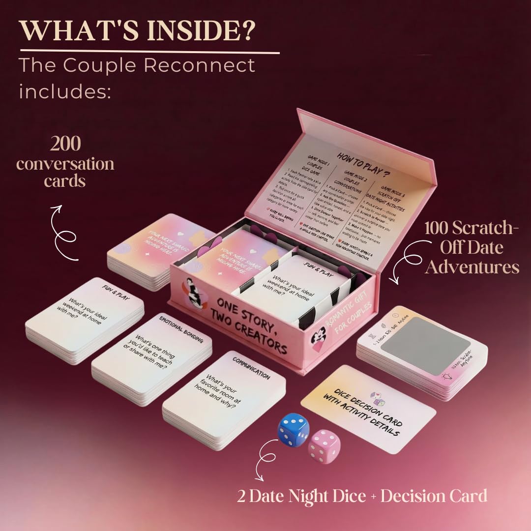 Life Sutra Couple Reconnect 3-in-1 Game – 200 Conversation Cards, 100 Scratch-Off Date Adventures, and Dice – Ideal Valentine’s Gift