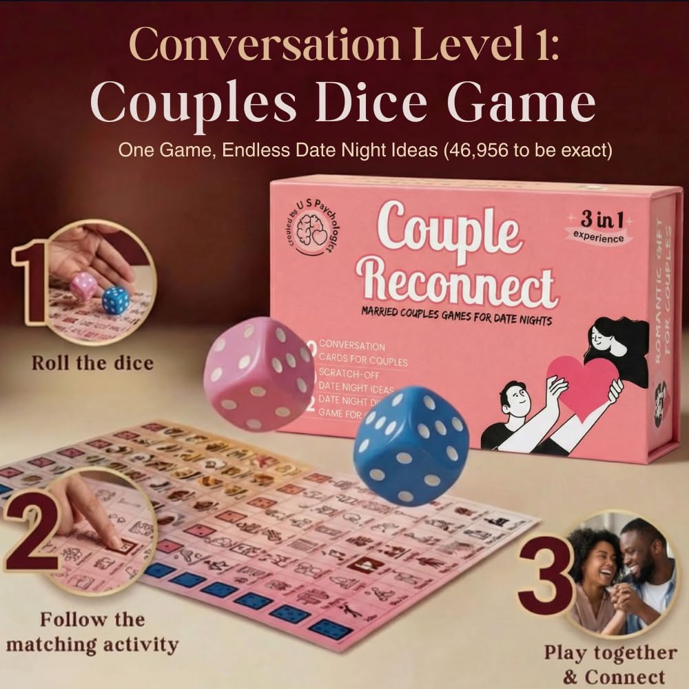 Life Sutra Couple Reconnect 3-in-1 Game – 200 Conversation Cards, 100 Scratch-Off Date Adventures, and Dice – Ideal Valentine’s Gift
