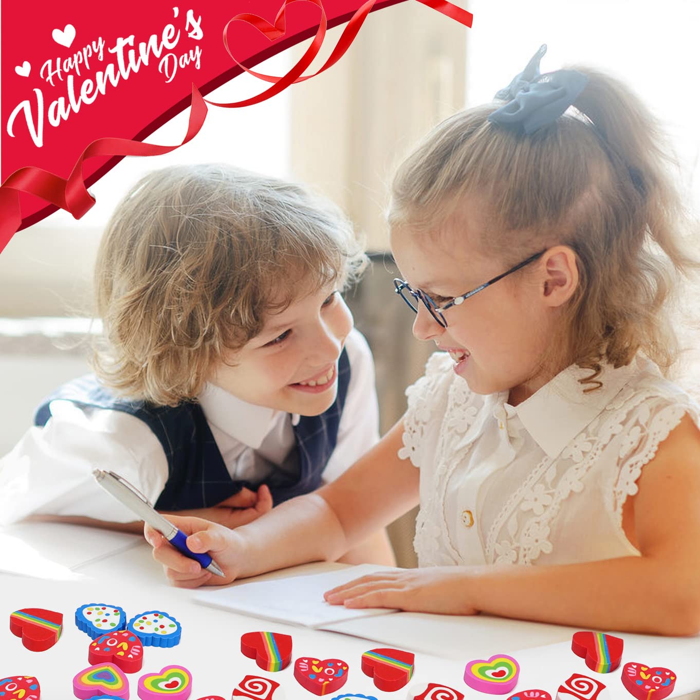 LIGHOON Valentines Erasers for Kids Bulk – 36 Heart Shaped Novelty Erasers for Rewards & Party Decor