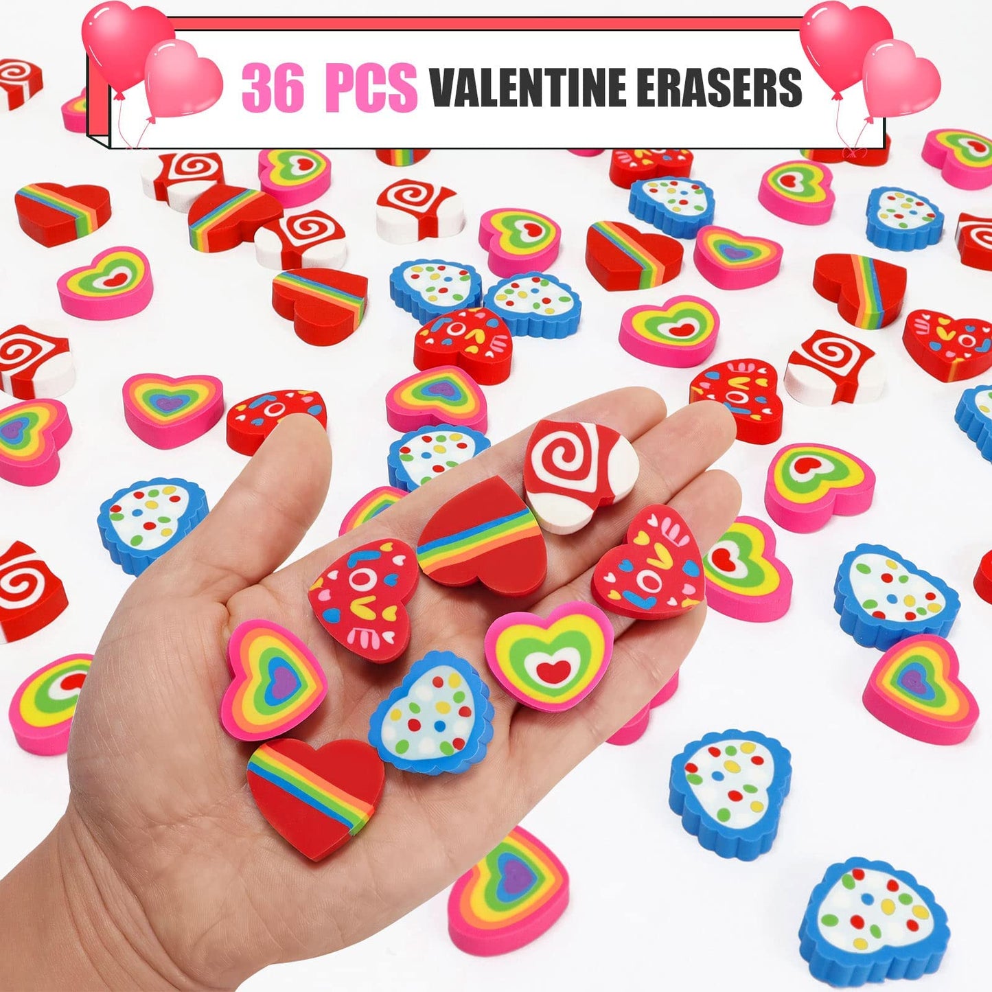 LIGHOON Valentines Erasers for Kids Bulk – 36 Heart Shaped Novelty Erasers for Rewards & Party Decor