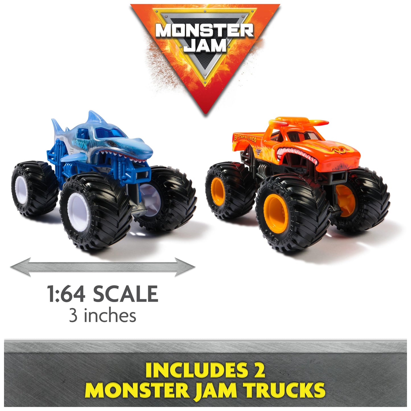 Monster Jam Supercharge Speedway Playset – Megalodon & El Toro Loco 1:64 Trucks, Light-Up World Finals Track