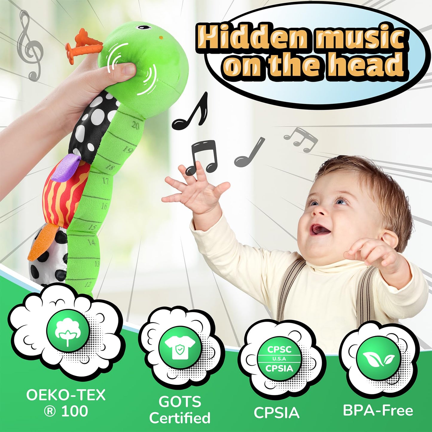 LIGHTDESIRE Baby Toys 6-12 Months Musical Caterpillar – 6-in-1 Sensory Plush Toy with Ruler, Crinkle & Ring Bell