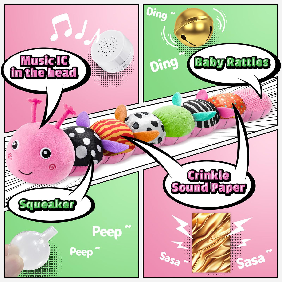 LIGHTDESIRE Baby Toys Musical Caterpillar – 6-in-1 Sensory Teether for Tummy Time (Pink)
