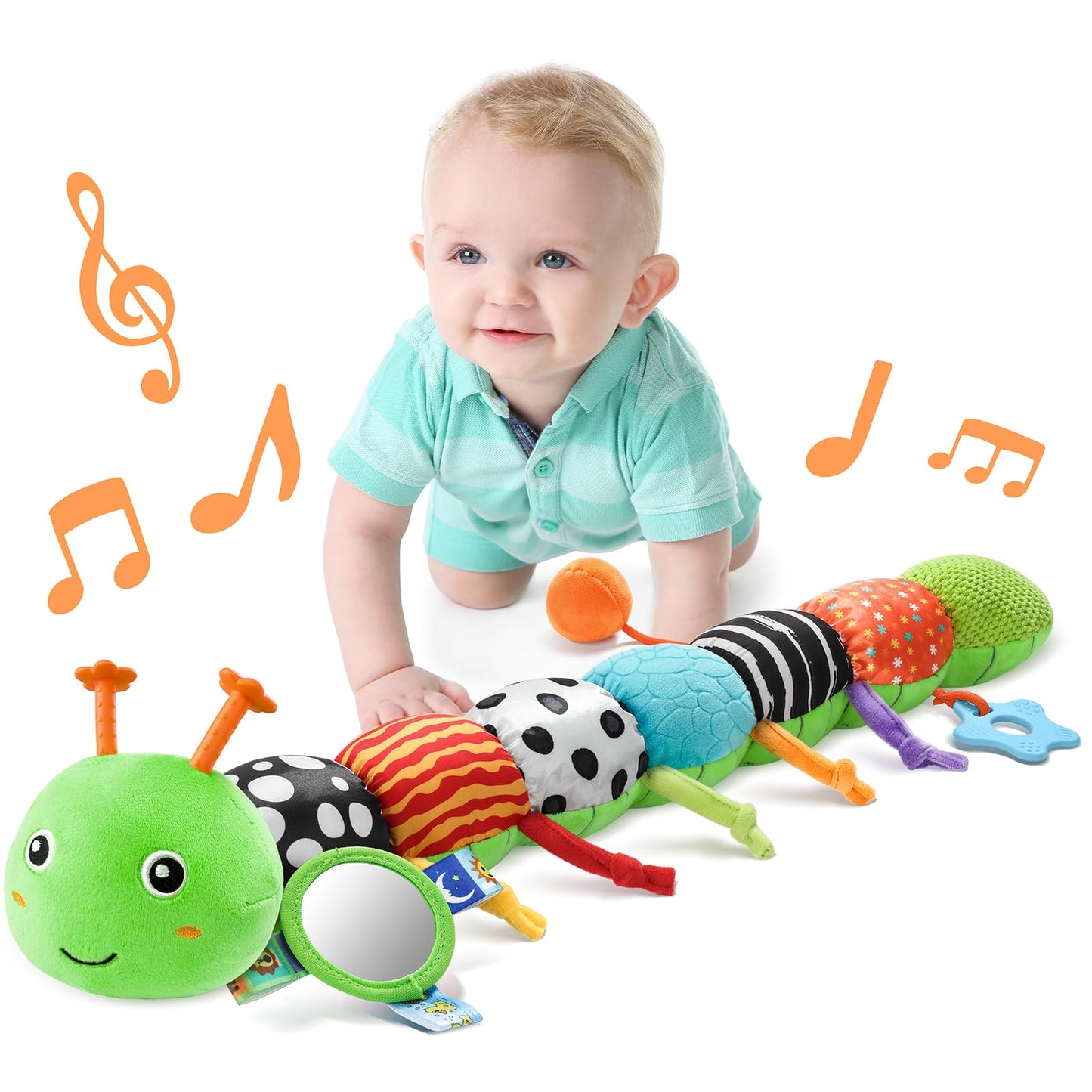 LIGHTDESIRE Baby Musical Caterpillar – Tummy Time Toy, Mirror, Ruler & Teether (0-12 Months)