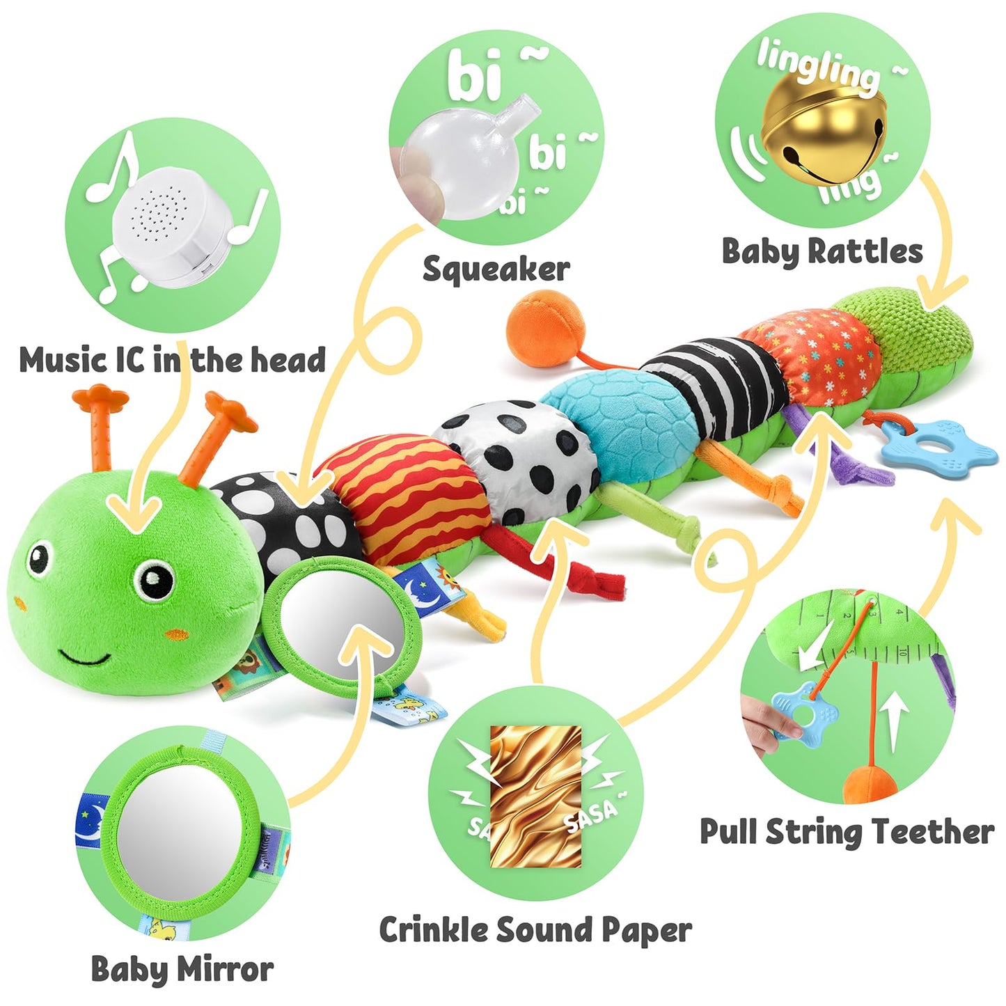 LIGHTDESIRE Baby Musical Caterpillar – Tummy Time Toy, Mirror, Ruler & Teether (0-12 Months)