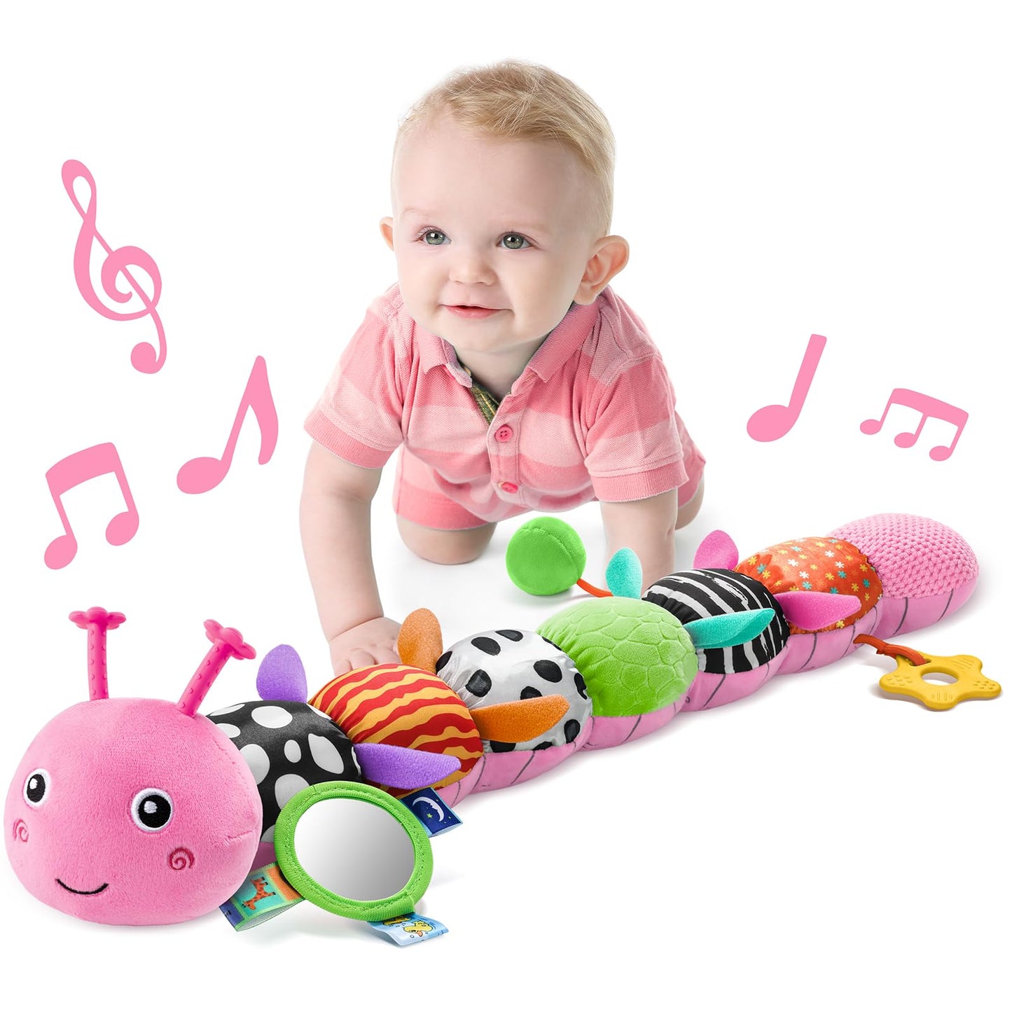 LIGHTDESIRE Baby Musical Caterpillar – Sensory Infant Toy with Mirror, Teether & 20-Inch Ruler